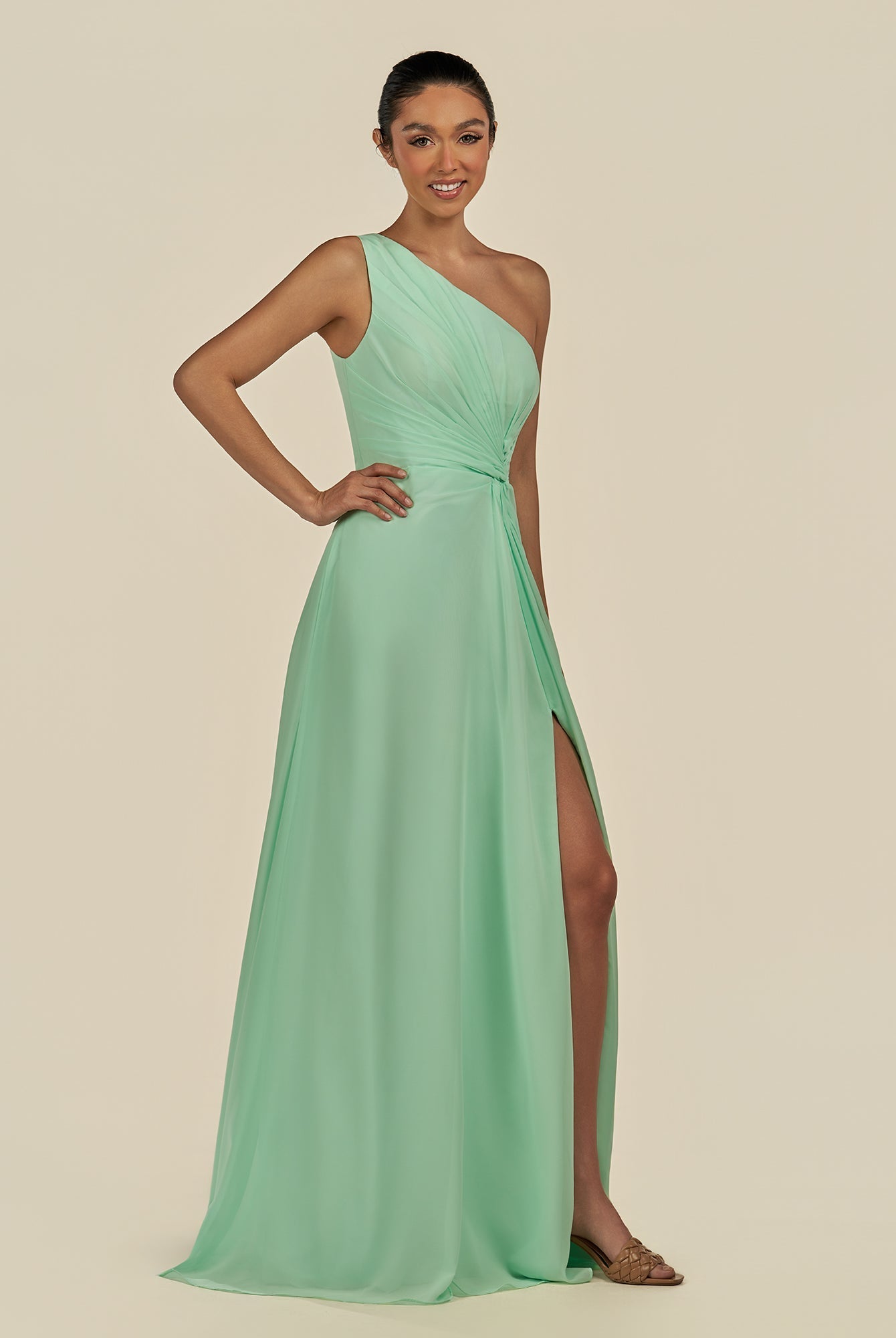 KissDress-Gaela Pale Pistachio A Line One Shoulder Chiffon Pleated Long Bridesmaid Dress with Slit