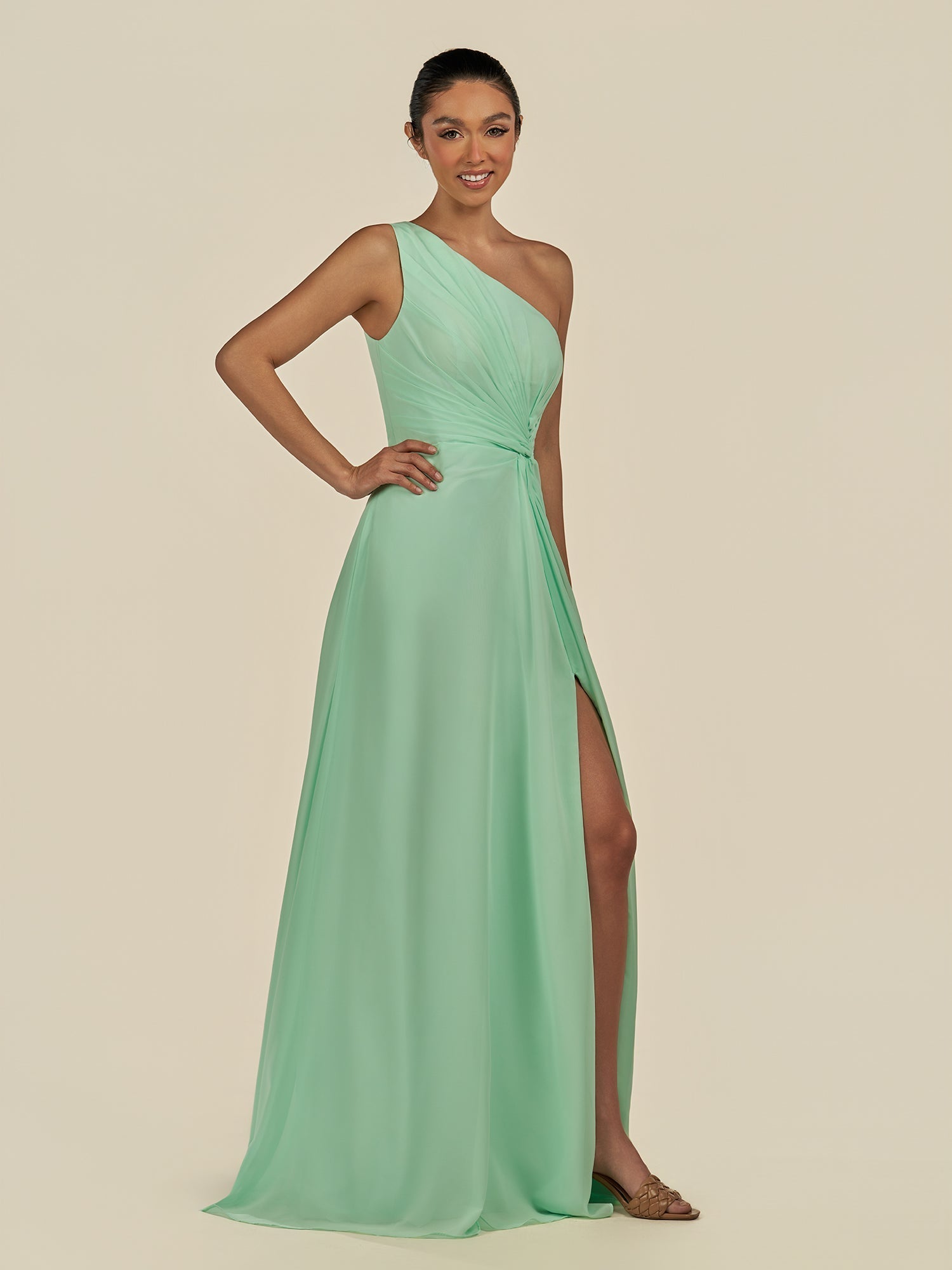 KissDress-Gaela Pale Pistachio A Line One Shoulder Chiffon Pleated Long Bridesmaid Dress with Slit