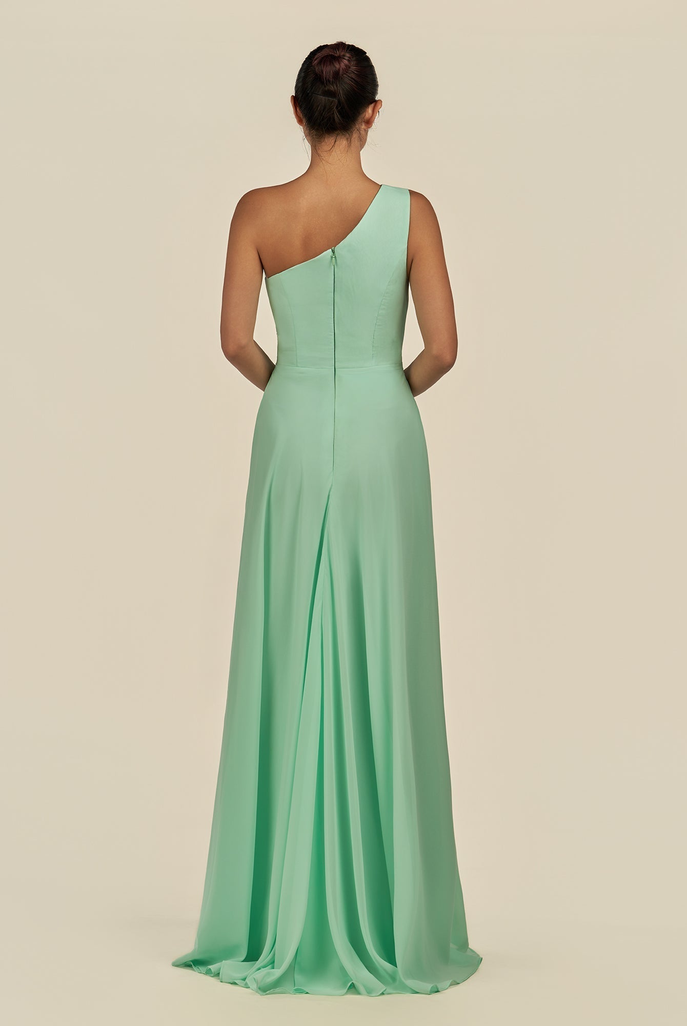 KissDress-Gaela Pale Pistachio A Line One Shoulder Chiffon Pleated Long Bridesmaid Dress with Slit