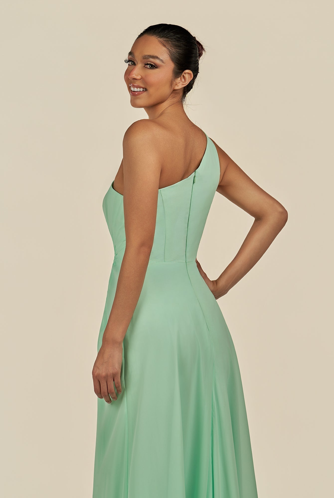 KissDress-Gaela Pale Pistachio A Line One Shoulder Chiffon Pleated Long Bridesmaid Dress with Slit