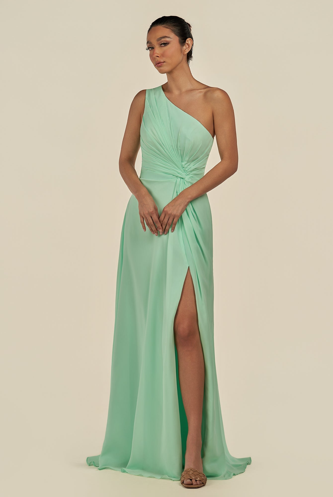 KissDress-Gaela Pale Pistachio A Line One Shoulder Chiffon Pleated Long Bridesmaid Dress with Slit