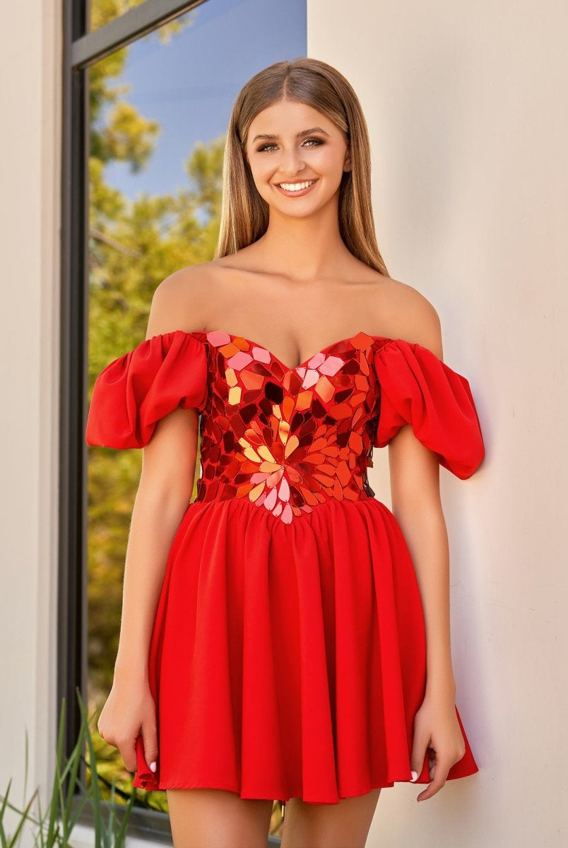 Galatea | Off the shoulder A - Line Short Red Off the shoulder Homecoming Dress - KissProm