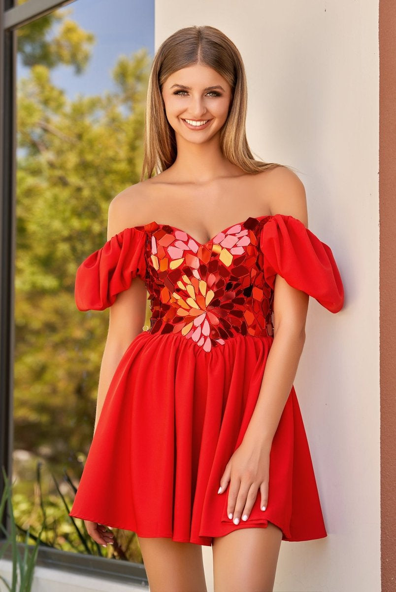 Galatea | Off the shoulder A - Line Short Red Off the shoulder Homecoming Dress - KissProm