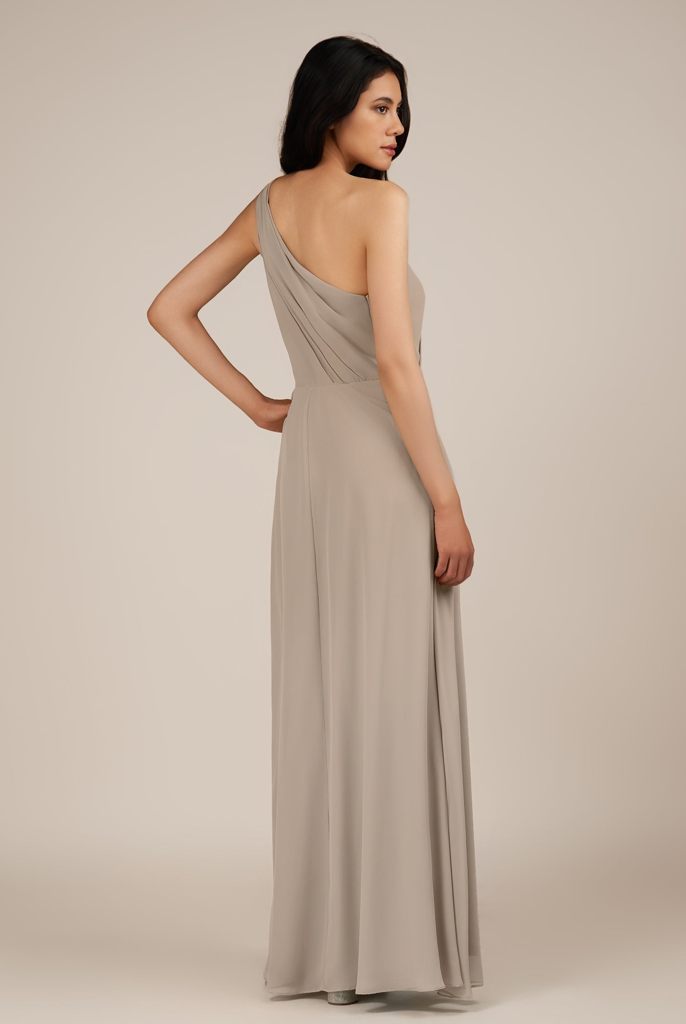 KissDress-Gaura Almond A Line Chiffon One Shoulder Pleated Long Bridesmaid Dress with Slit