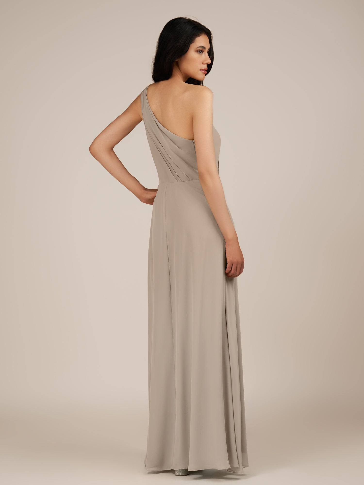 KissDress-Gaura Almond A Line Chiffon One Shoulder Pleated Long Bridesmaid Dress with Slit