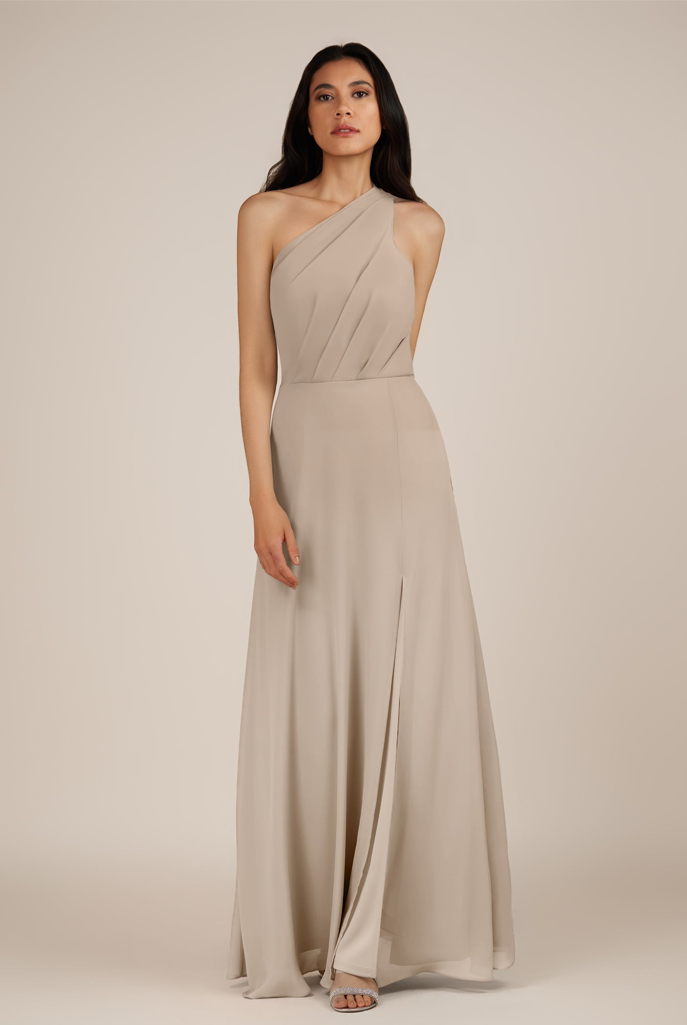 KissDress-Gaura Almond A Line Chiffon One Shoulder Pleated Long Bridesmaid Dress with Slit