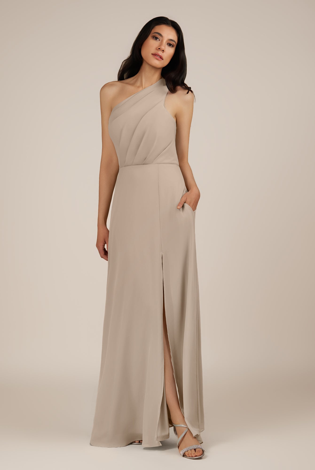 KissDress-Gaura Almond A Line Chiffon One Shoulder Pleated Long Bridesmaid Dress with Slit