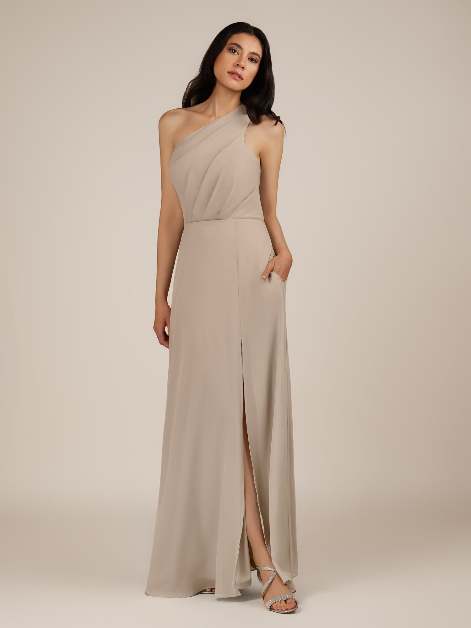 KissDress-Gaura Almond A Line Chiffon One Shoulder Pleated Long Bridesmaid Dress with Slit