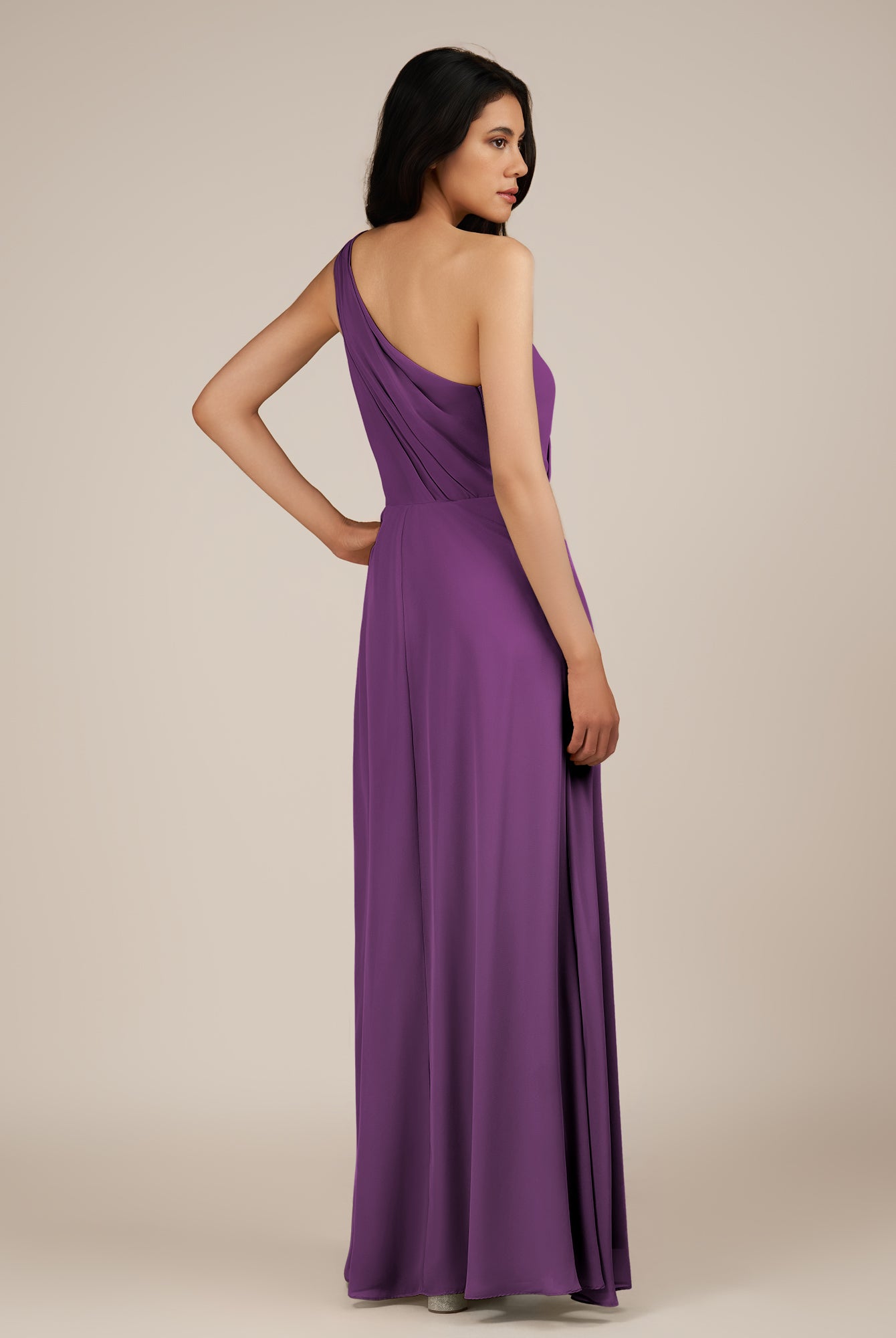 KissDress-Gaura Amethyst A Line Chiffon One Shoulder Pleated Long Bridesmaid Dress with Slit
