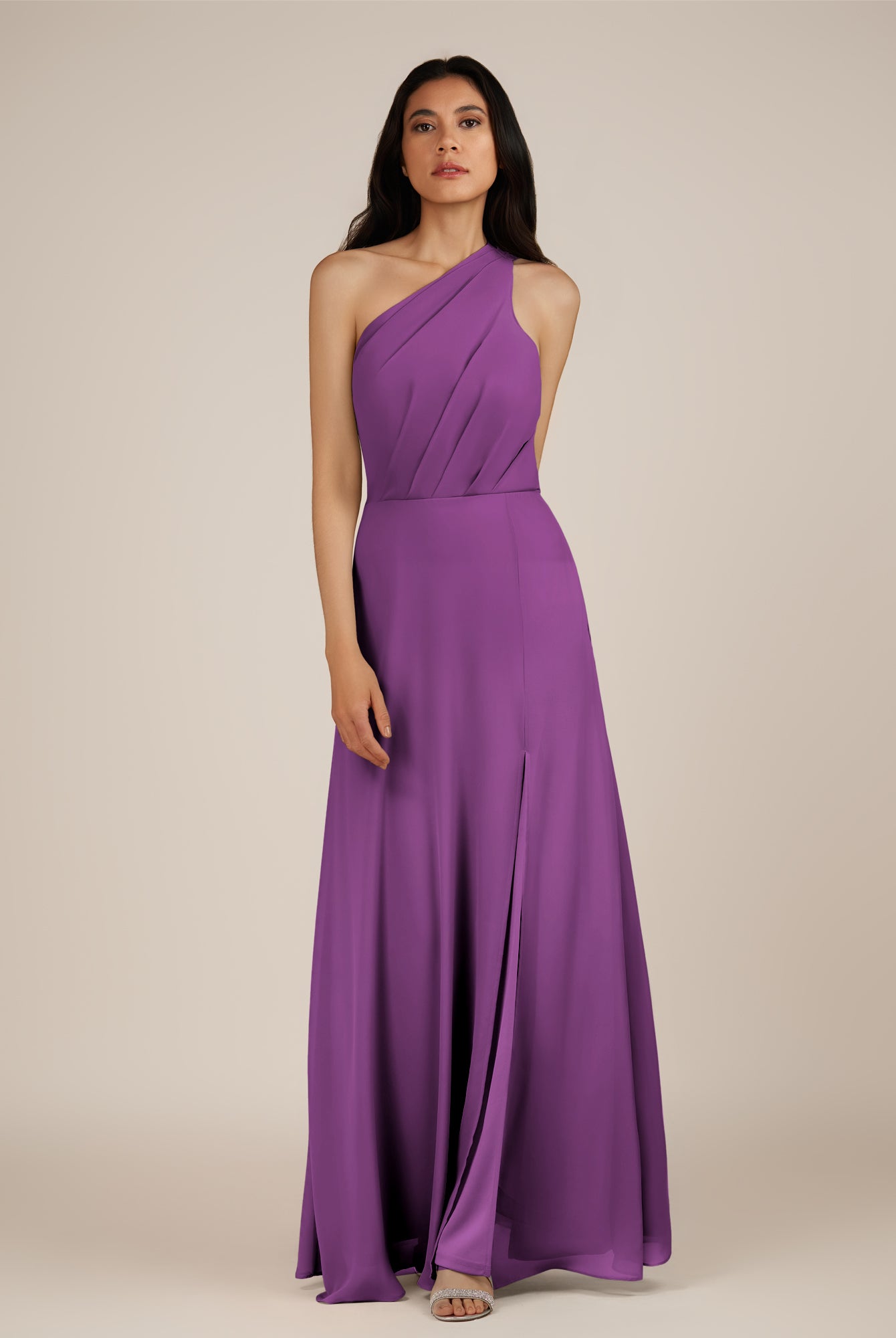KissDress-Gaura Amethyst A Line Chiffon One Shoulder Pleated Long Bridesmaid Dress with Slit