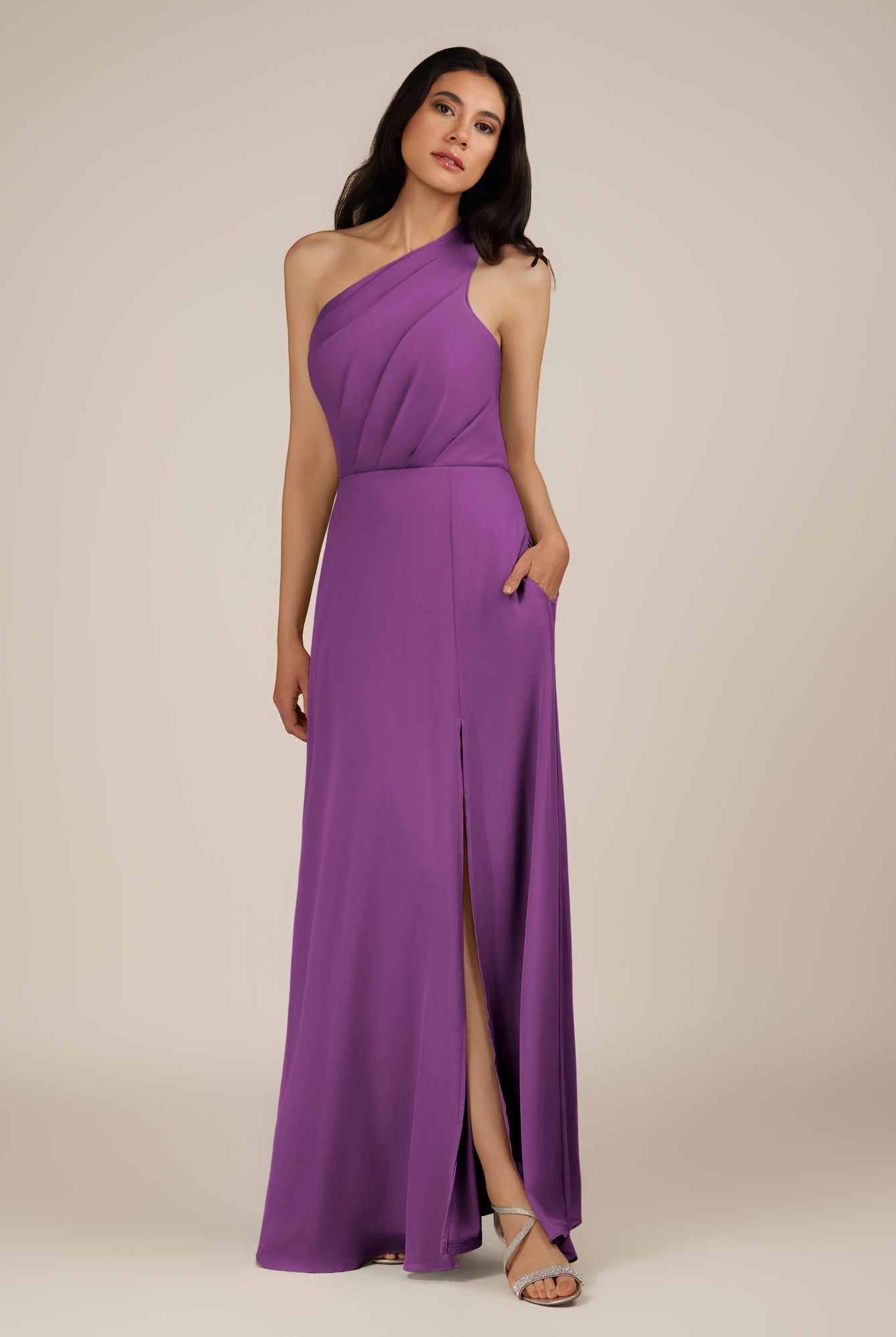 KissDress-Gaura Amethyst A Line Chiffon One Shoulder Pleated Long Bridesmaid Dress with Slit