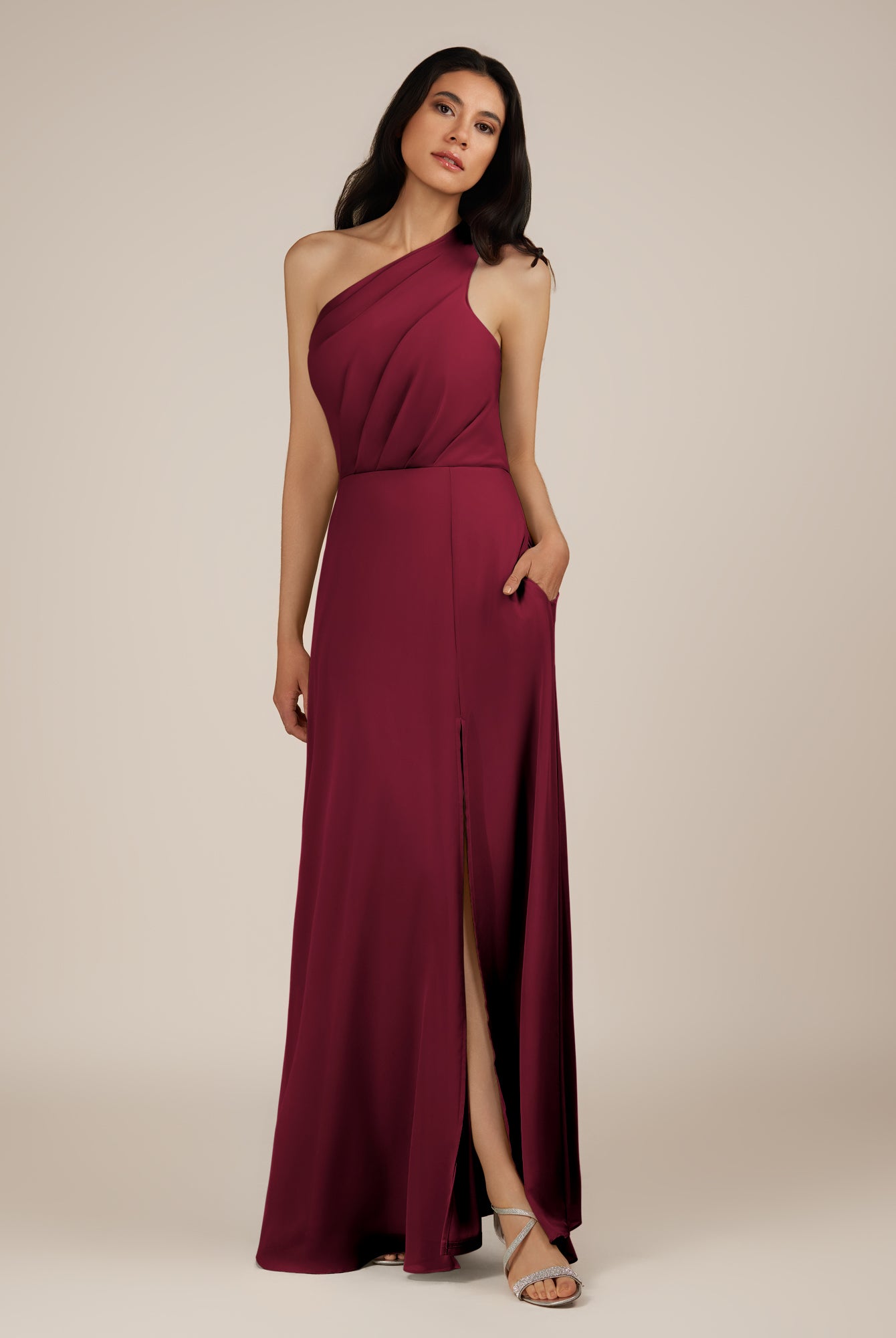 KissDress-Gaura Berry A Line Chiffon One Shoulder Pleated Long Bridesmaid Dress with Slit