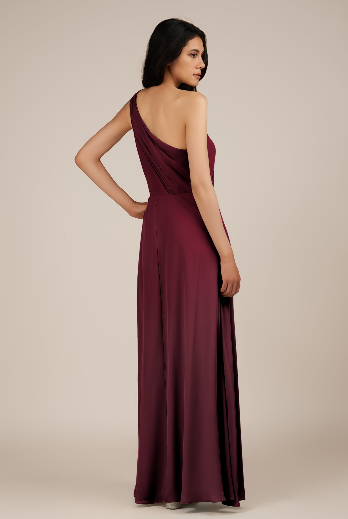 KissDress-Gaura Berry A Line Chiffon One Shoulder Pleated Long Bridesmaid Dress with Slit