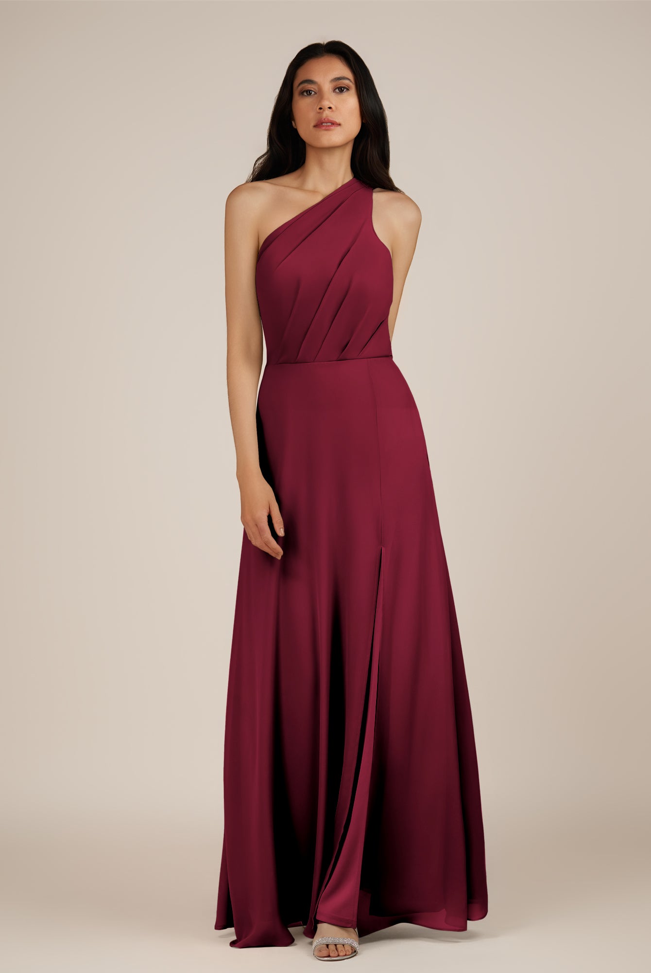 KissDress-Gaura Berry A Line Chiffon One Shoulder Pleated Long Bridesmaid Dress with Slit