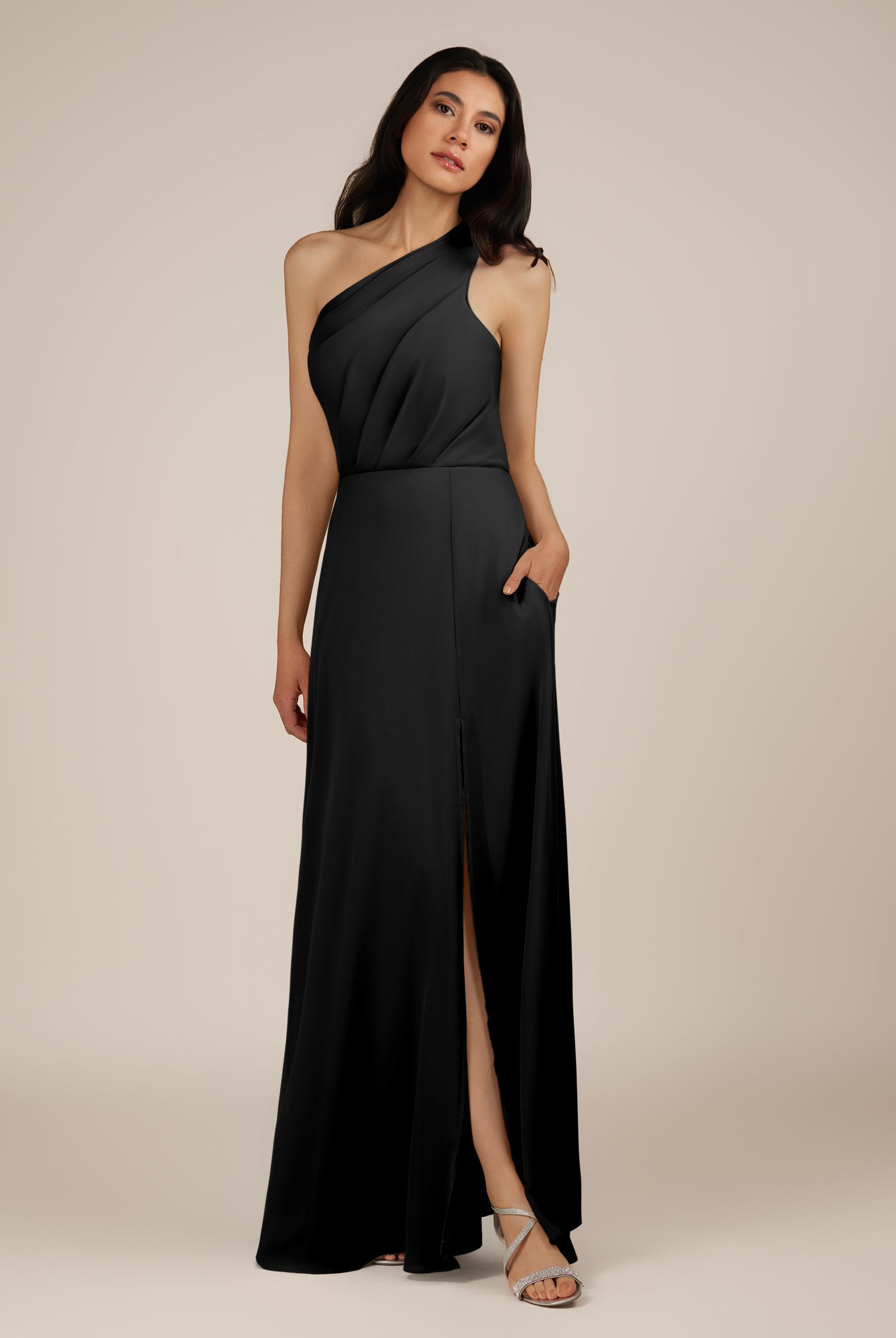 KissDress-Gaura Black A Line Chiffon One Shoulder Pleated Long Bridesmaid Dress with Slit
