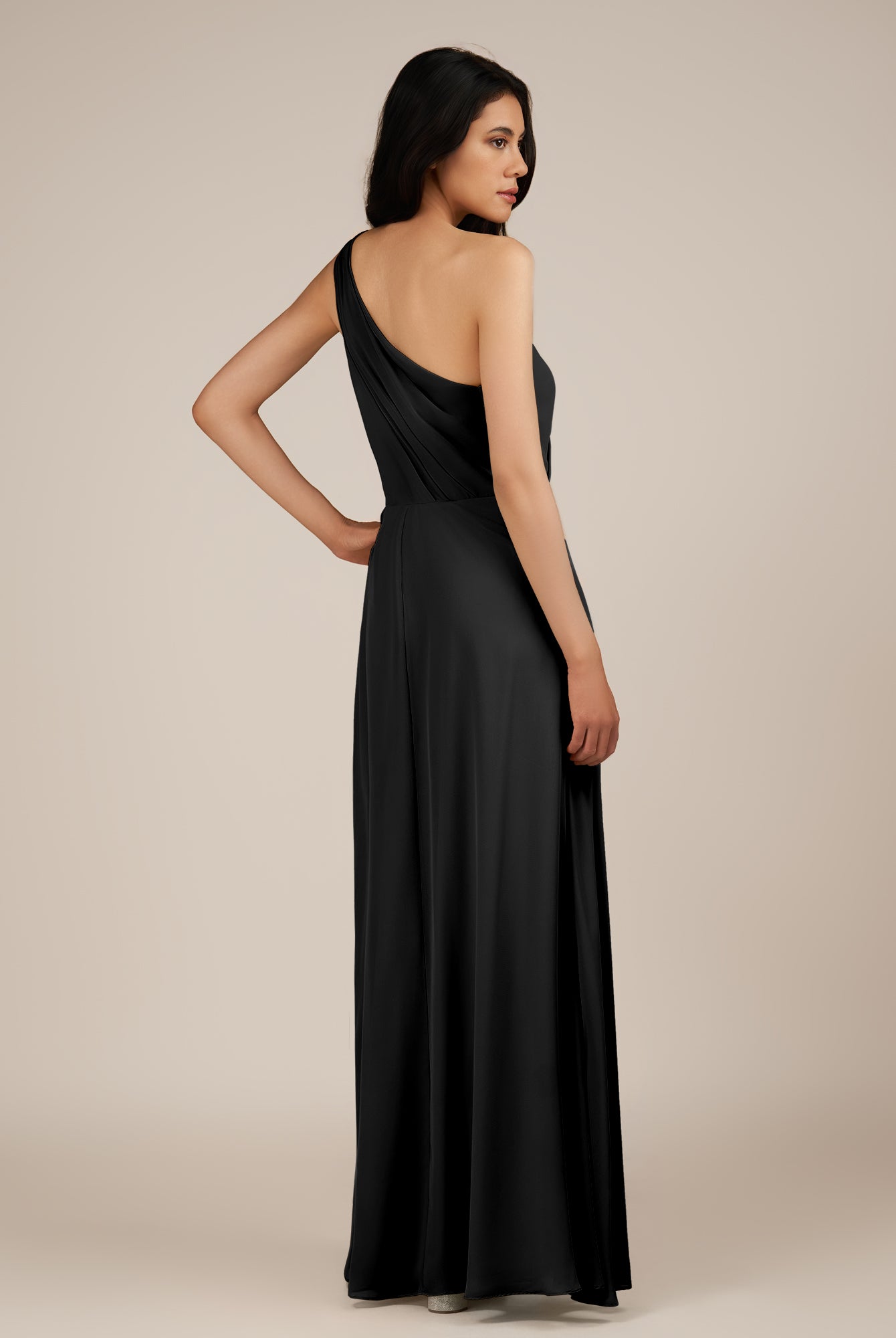 KissDress-Gaura Black A Line Chiffon One Shoulder Pleated Long Bridesmaid Dress with Slit