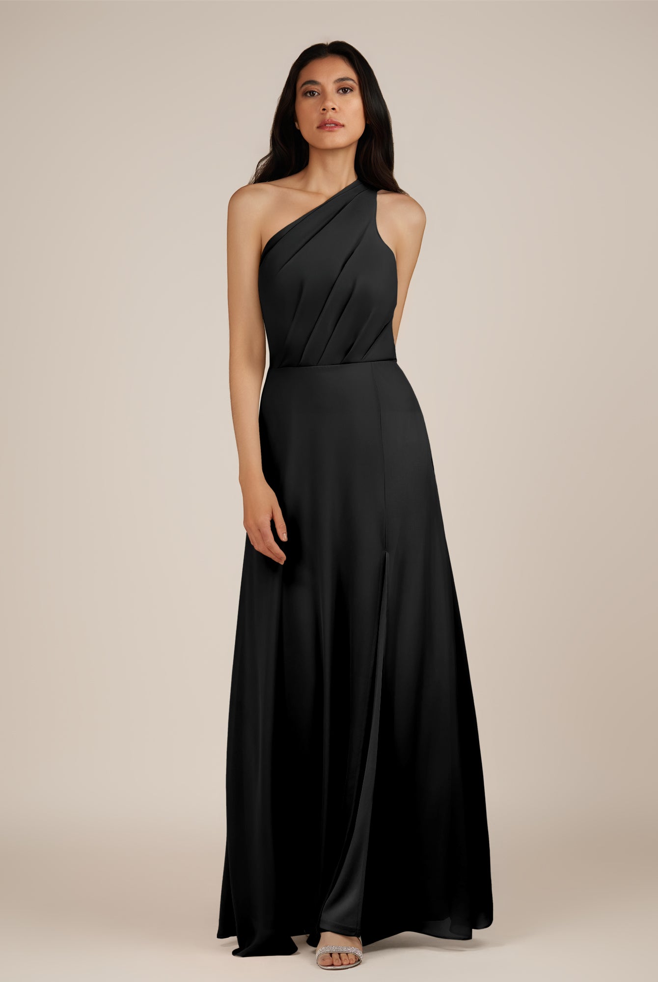 KissDress-Gaura Black A Line Chiffon One Shoulder Pleated Long Bridesmaid Dress with Slit