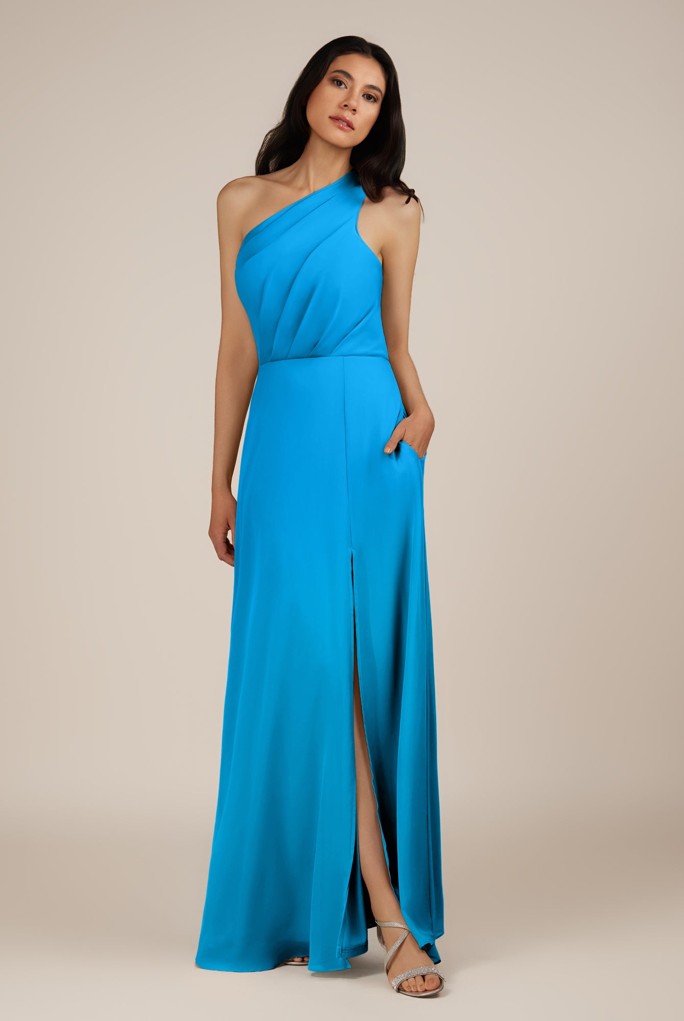 KissDress-Gaura Blue Jay A Line Chiffon One Shoulder Pleated Long Bridesmaid Dress with Slit