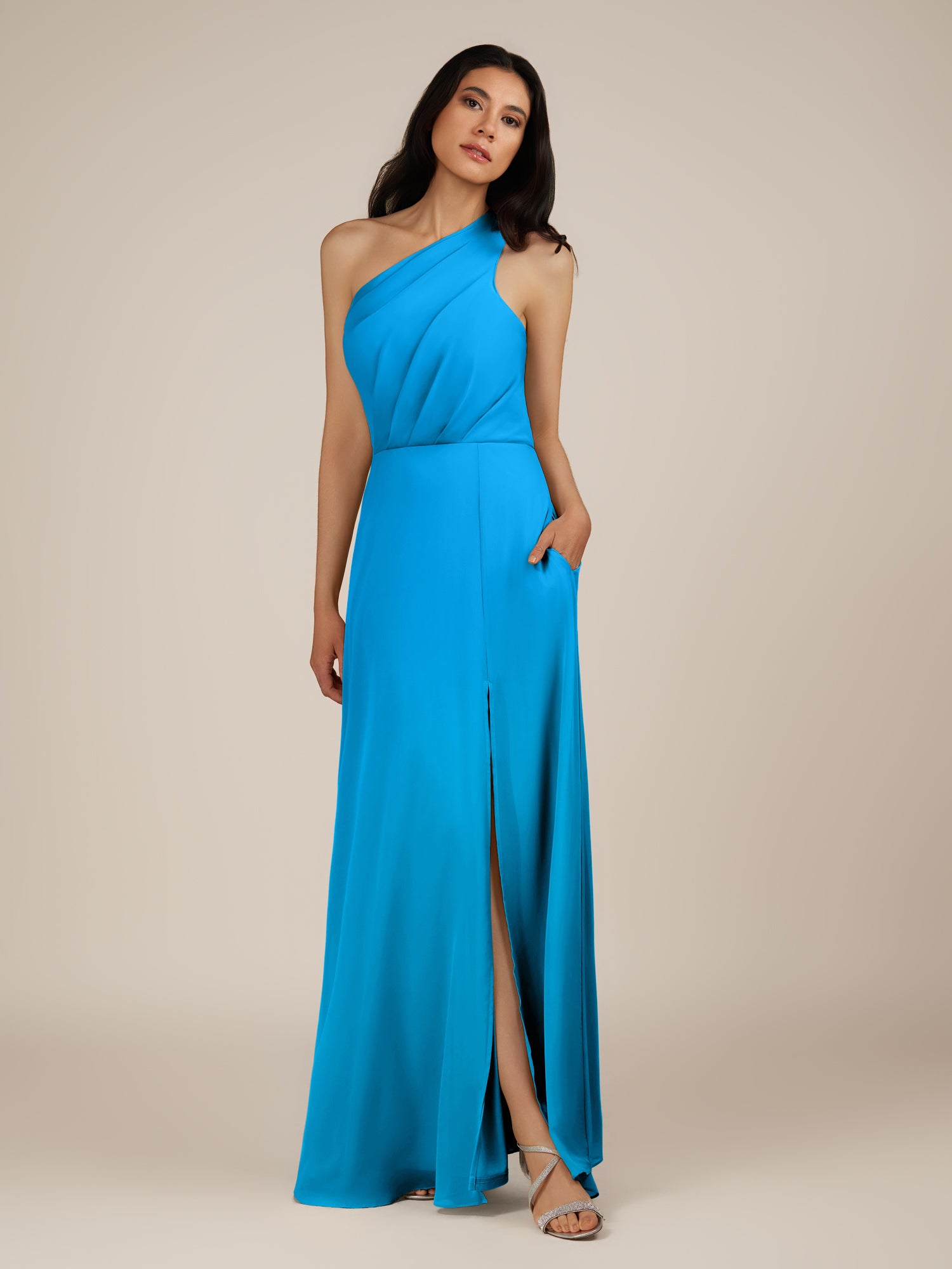 KissDress-Gaura Blue Jay A Line Chiffon One Shoulder Pleated Long Bridesmaid Dress with Slit