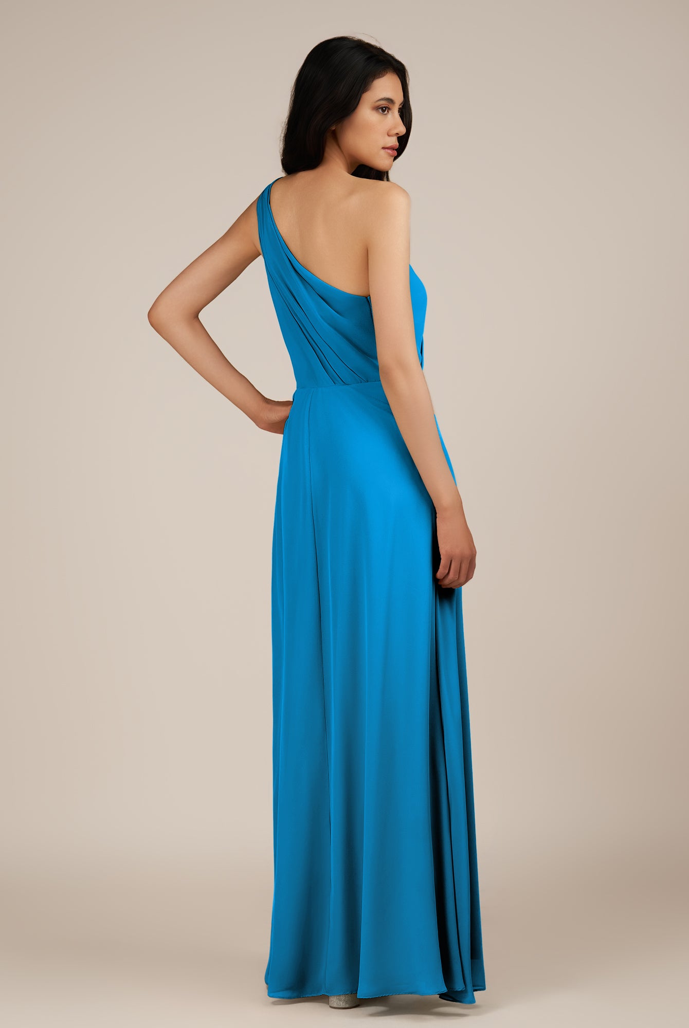KissDress-Gaura Blue Jay A Line Chiffon One Shoulder Pleated Long Bridesmaid Dress with Slit