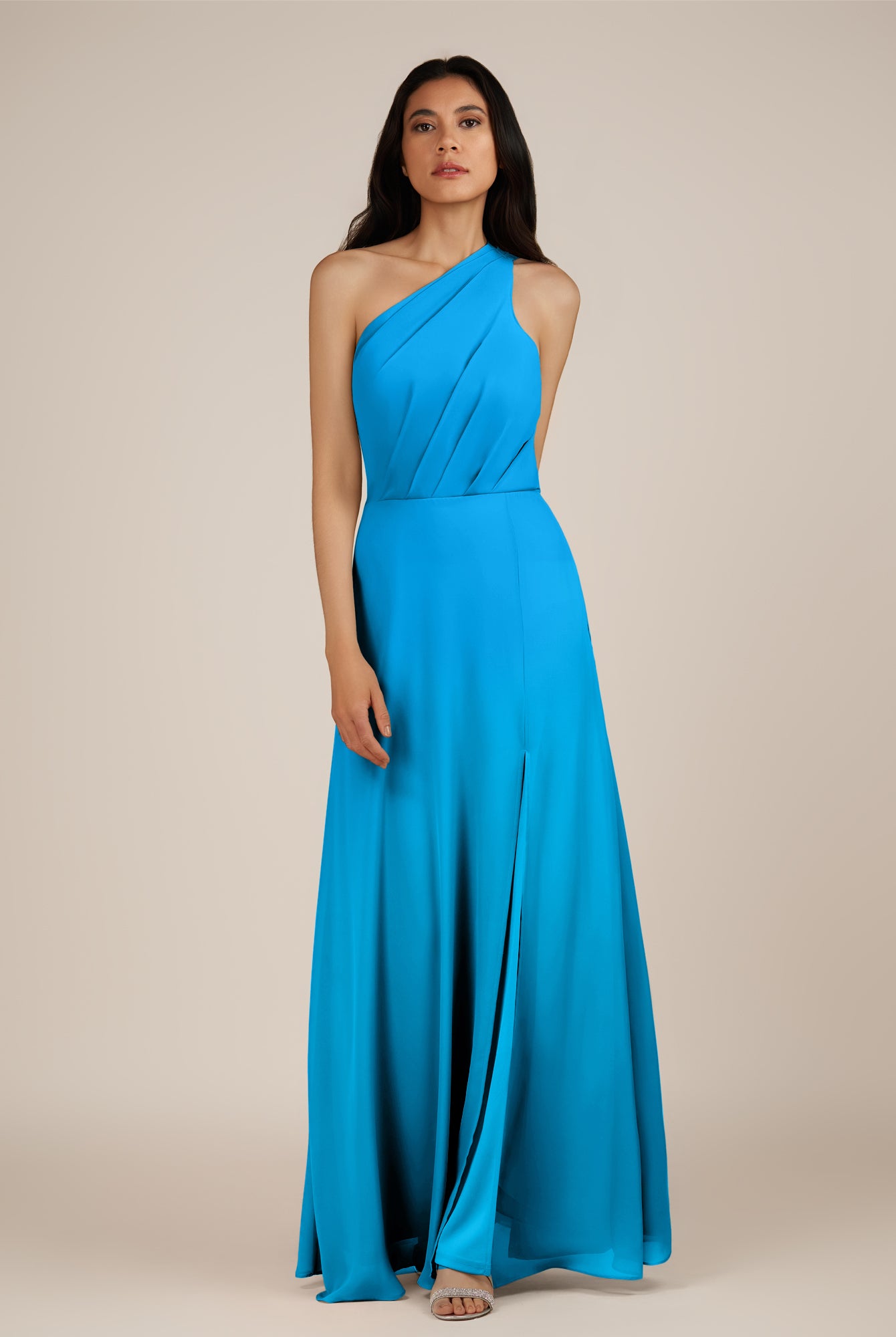 KissDress-Gaura Blue Jay A Line Chiffon One Shoulder Pleated Long Bridesmaid Dress with Slit