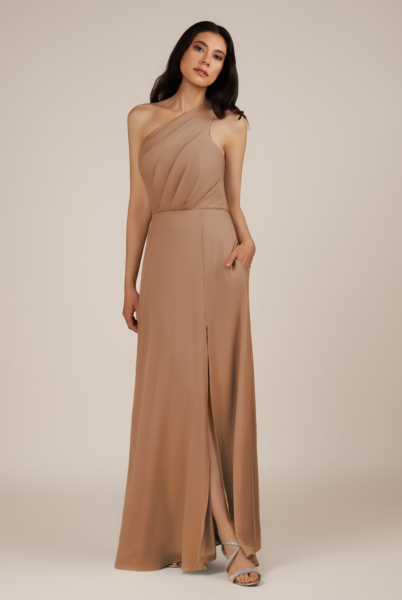 KissDress-Gaura Bronzer A Line Chiffon One Shoulder Pleated Long Bridesmaid Dress with Slit