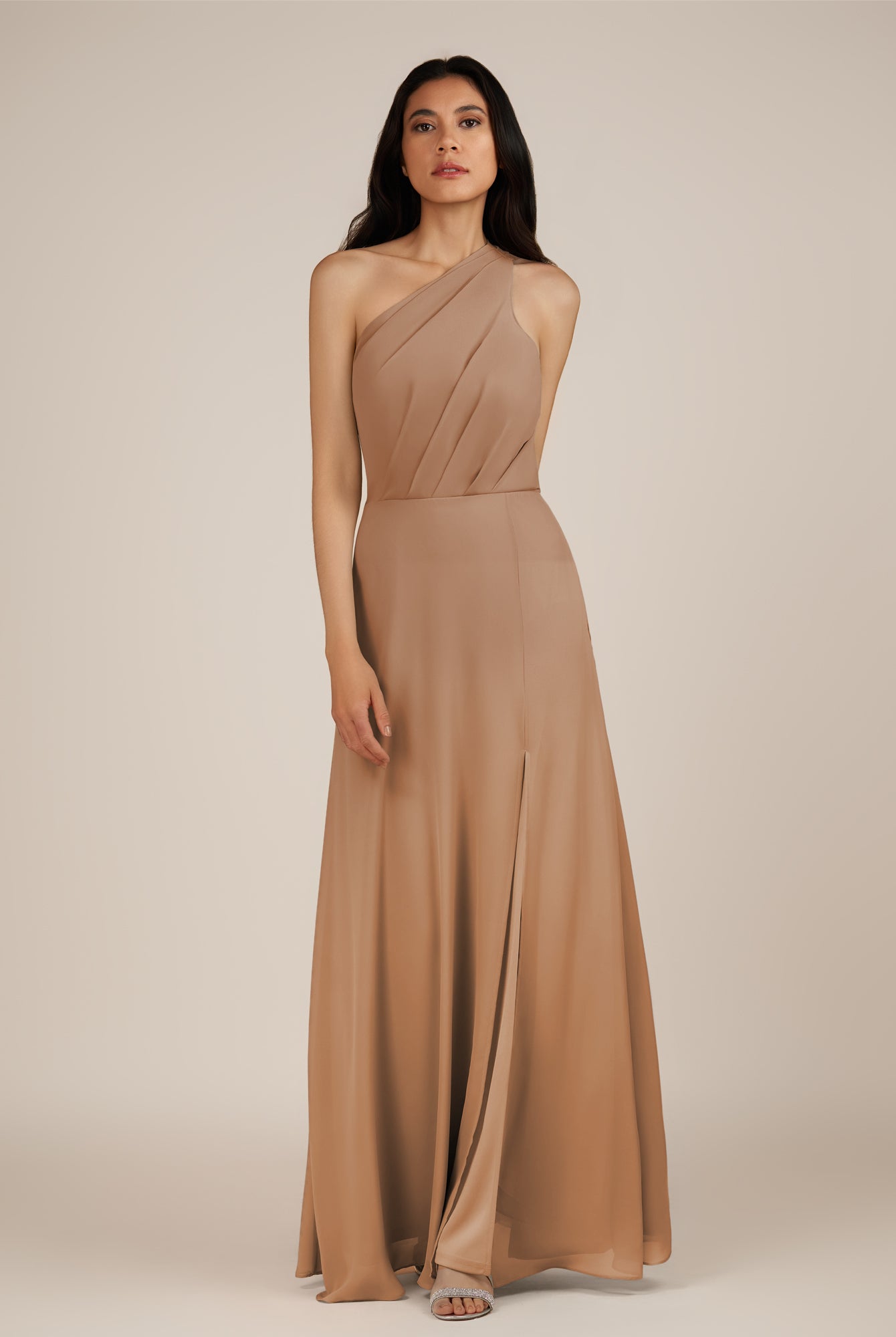 KissDress-Gaura Bronzer A Line Chiffon One Shoulder Pleated Long Bridesmaid Dress with Slit
