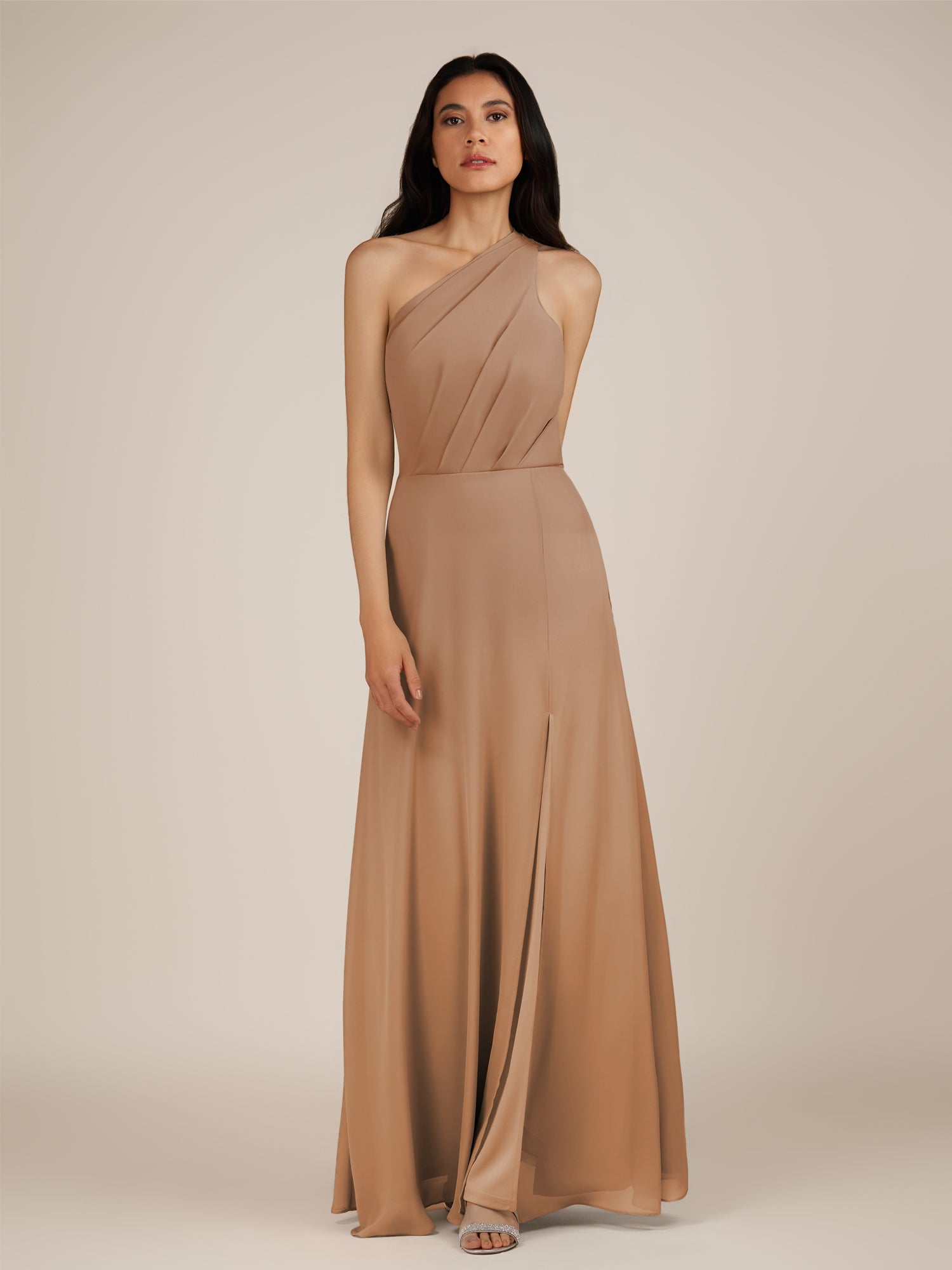 KissDress-Gaura Bronzer A Line Chiffon One Shoulder Pleated Long Bridesmaid Dress with Slit