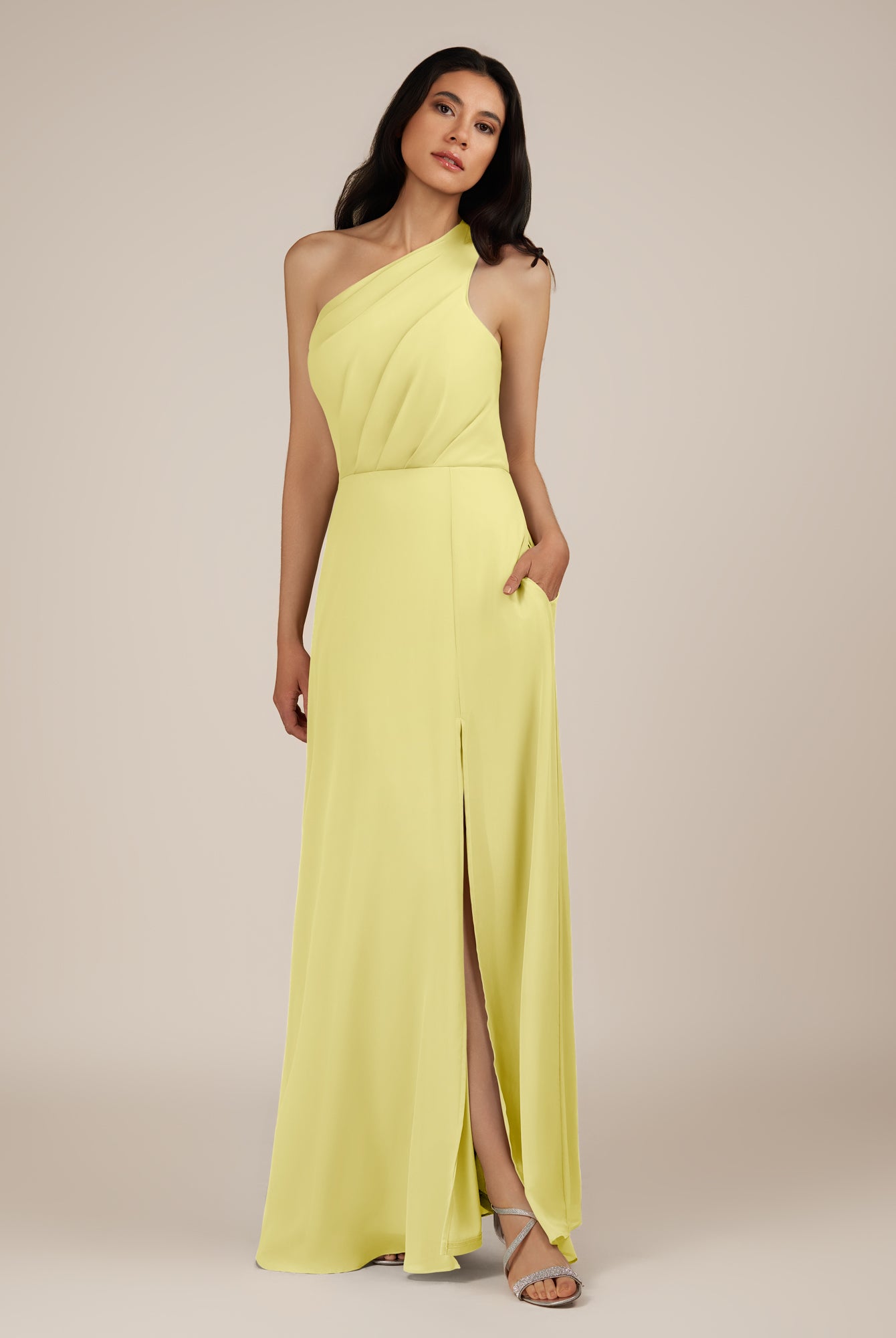 KissDress-Gaura Buttercup A Line Chiffon One Shoulder Pleated Long Bridesmaid Dress with Slit