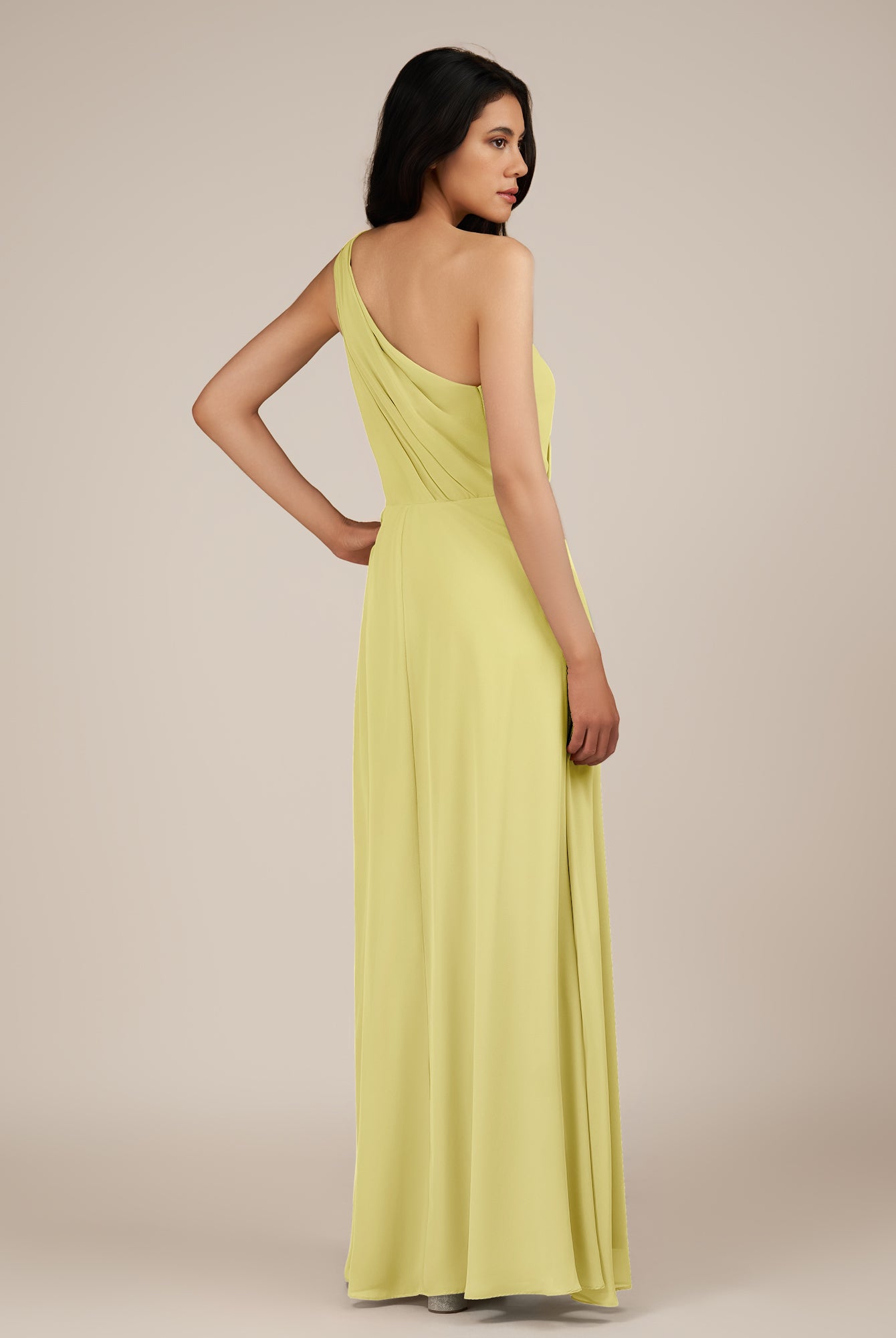 KissDress-Gaura Buttercup A Line Chiffon One Shoulder Pleated Long Bridesmaid Dress with Slit
