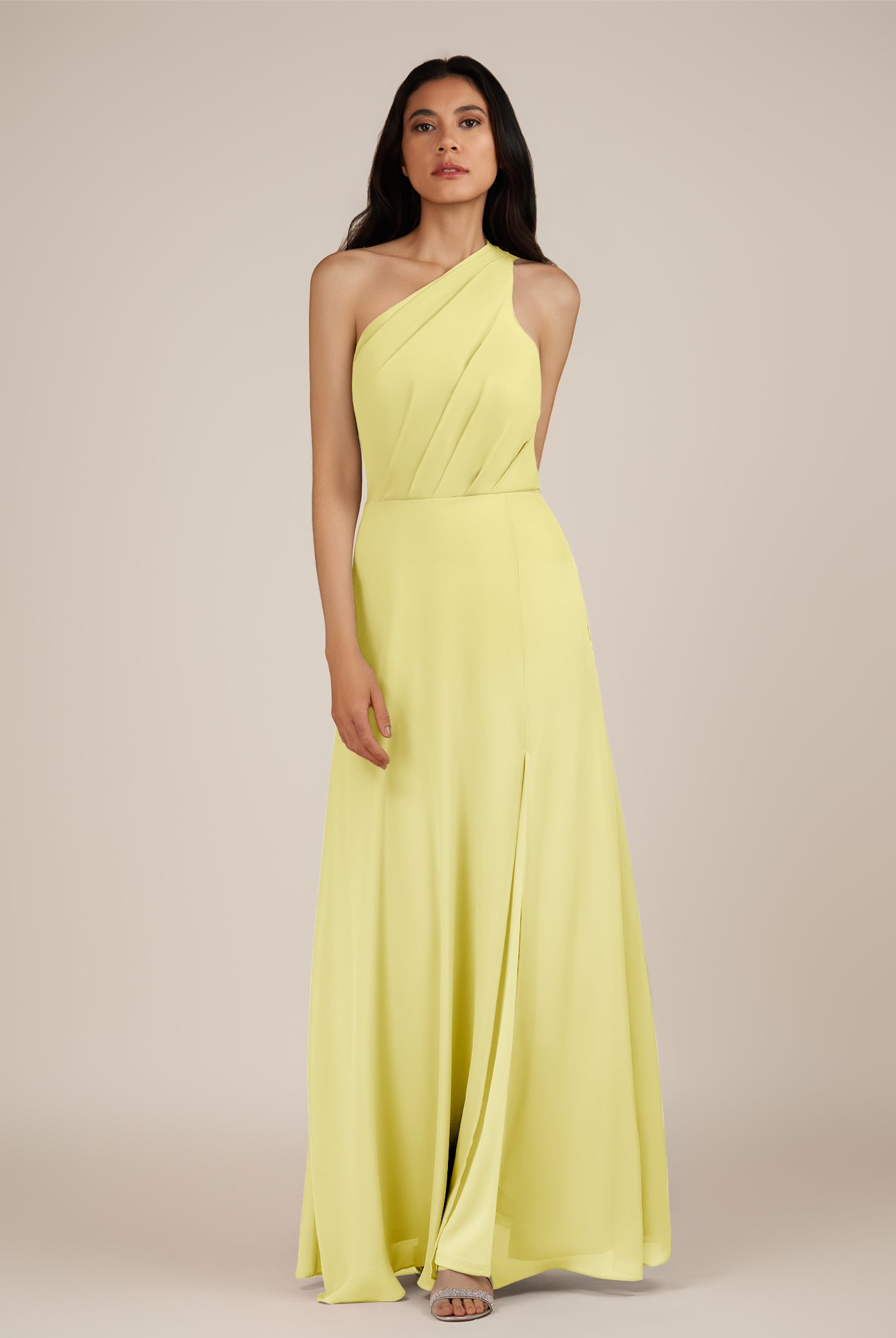 KissDress-Gaura Buttercup A Line Chiffon One Shoulder Pleated Long Bridesmaid Dress with Slit
