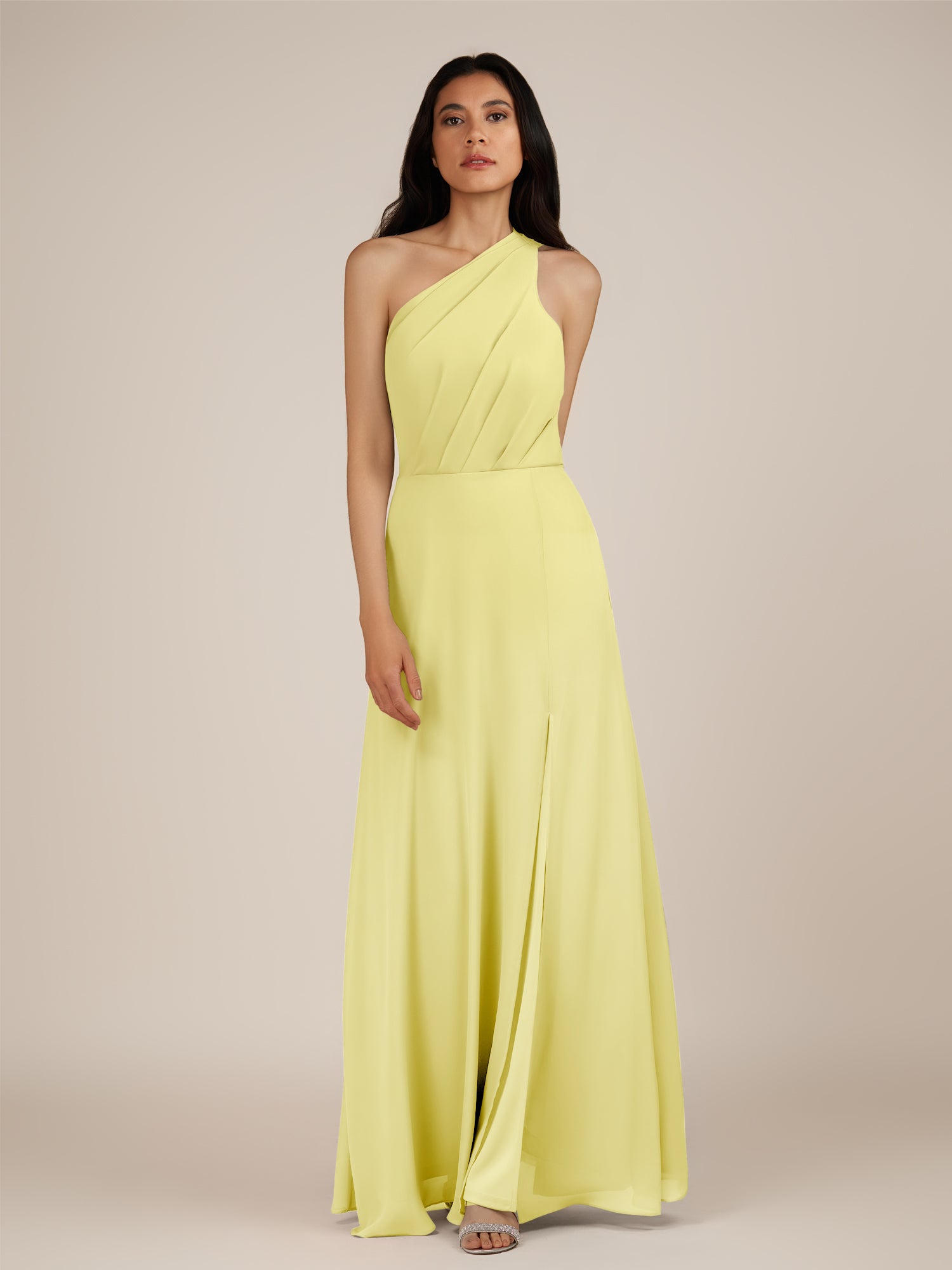 KissDress-Gaura Buttercup A Line Chiffon One Shoulder Pleated Long Bridesmaid Dress with Slit