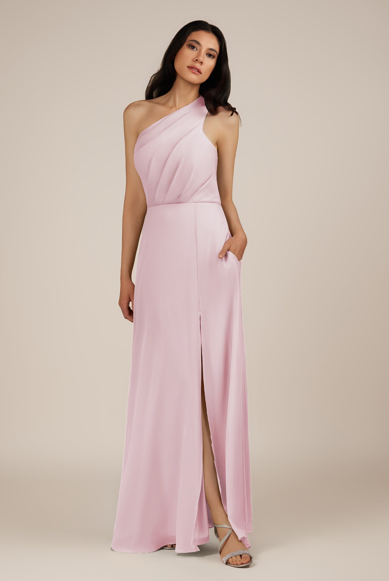 KissDress-Gaura Candy Pink A Line Chiffon One Shoulder Pleated Long Bridesmaid Dress with Slit