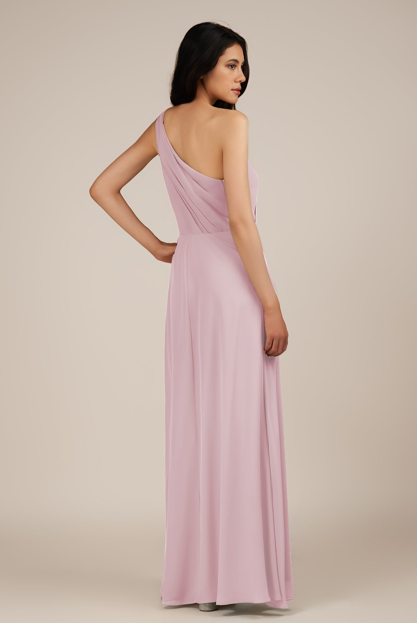 KissDress-Gaura Candy Pink A Line Chiffon One Shoulder Pleated Long Bridesmaid Dress with Slit