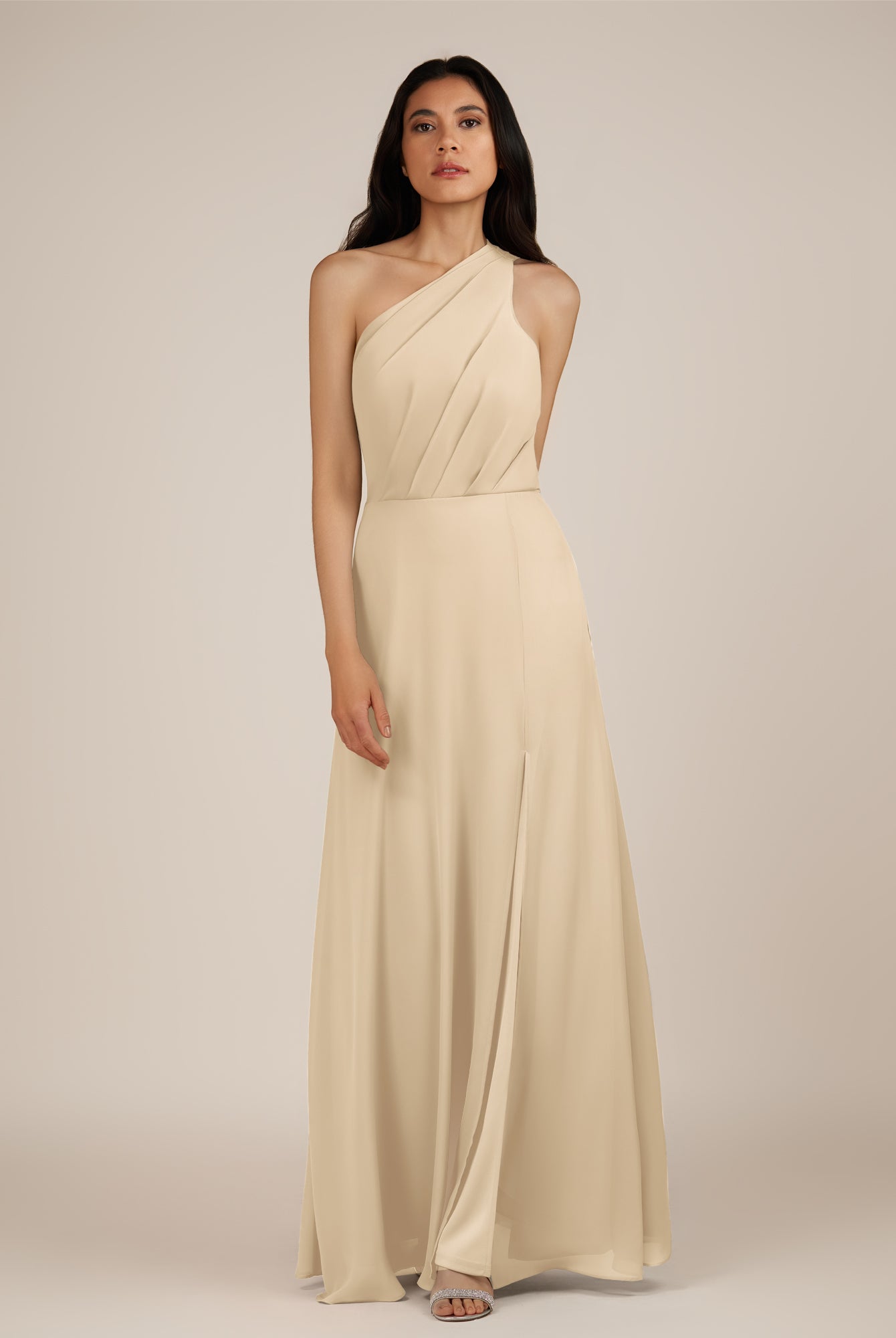 KissDress-Gaura Champagne A Line Chiffon One Shoulder Pleated Long Bridesmaid Dress with Slit