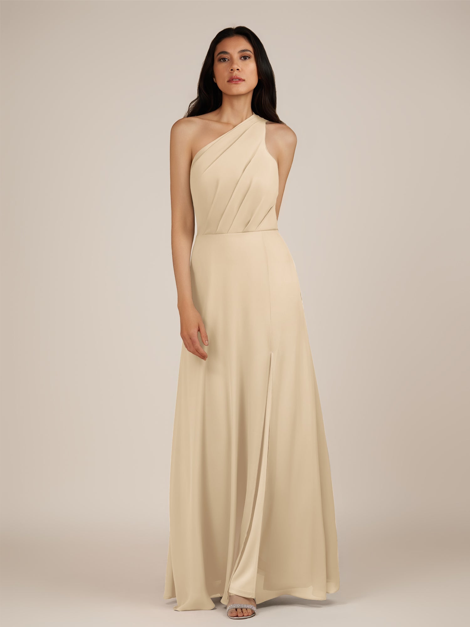KissDress-Gaura Champagne A Line Chiffon One Shoulder Pleated Long Bridesmaid Dress with Slit