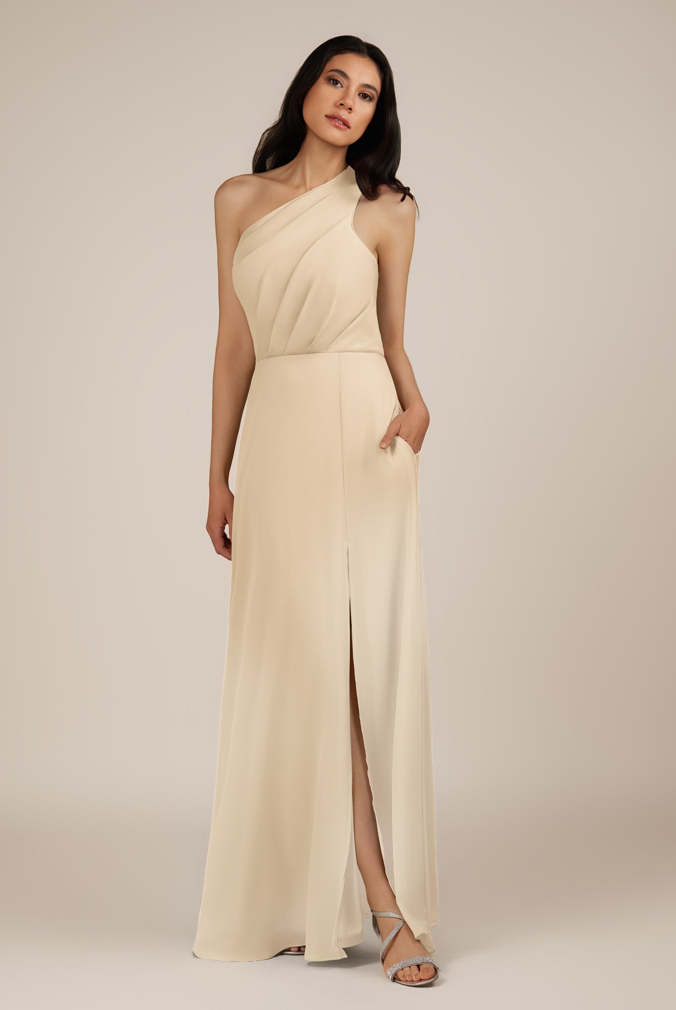 KissDress-Gaura Champagne A Line Chiffon One Shoulder Pleated Long Bridesmaid Dress with Slit