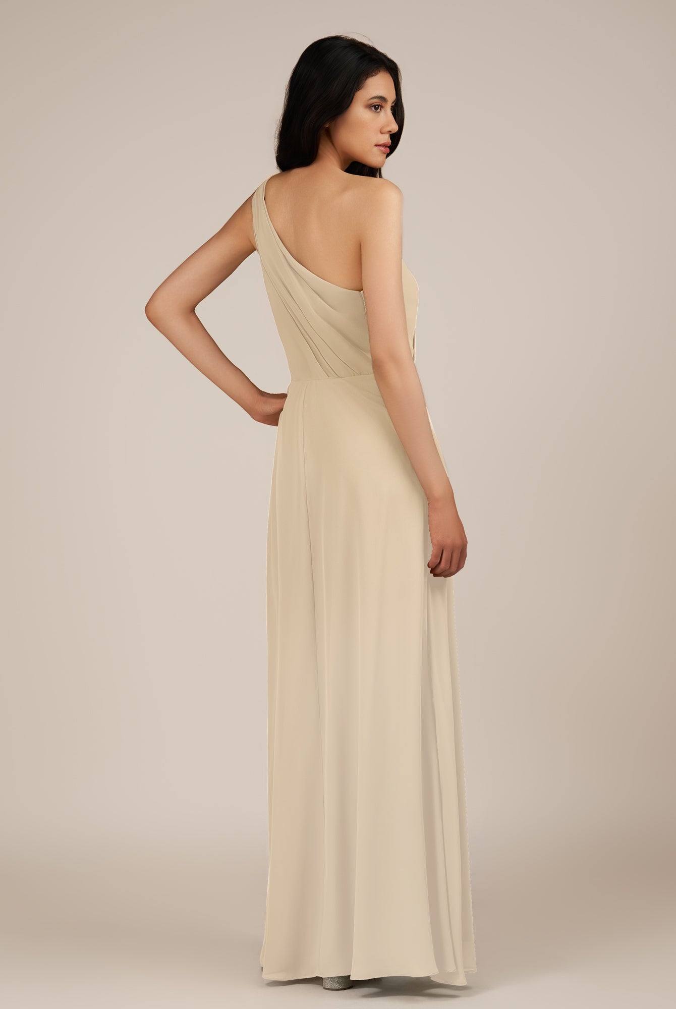 KissDress-Gaura Champagne A Line Chiffon One Shoulder Pleated Long Bridesmaid Dress with Slit