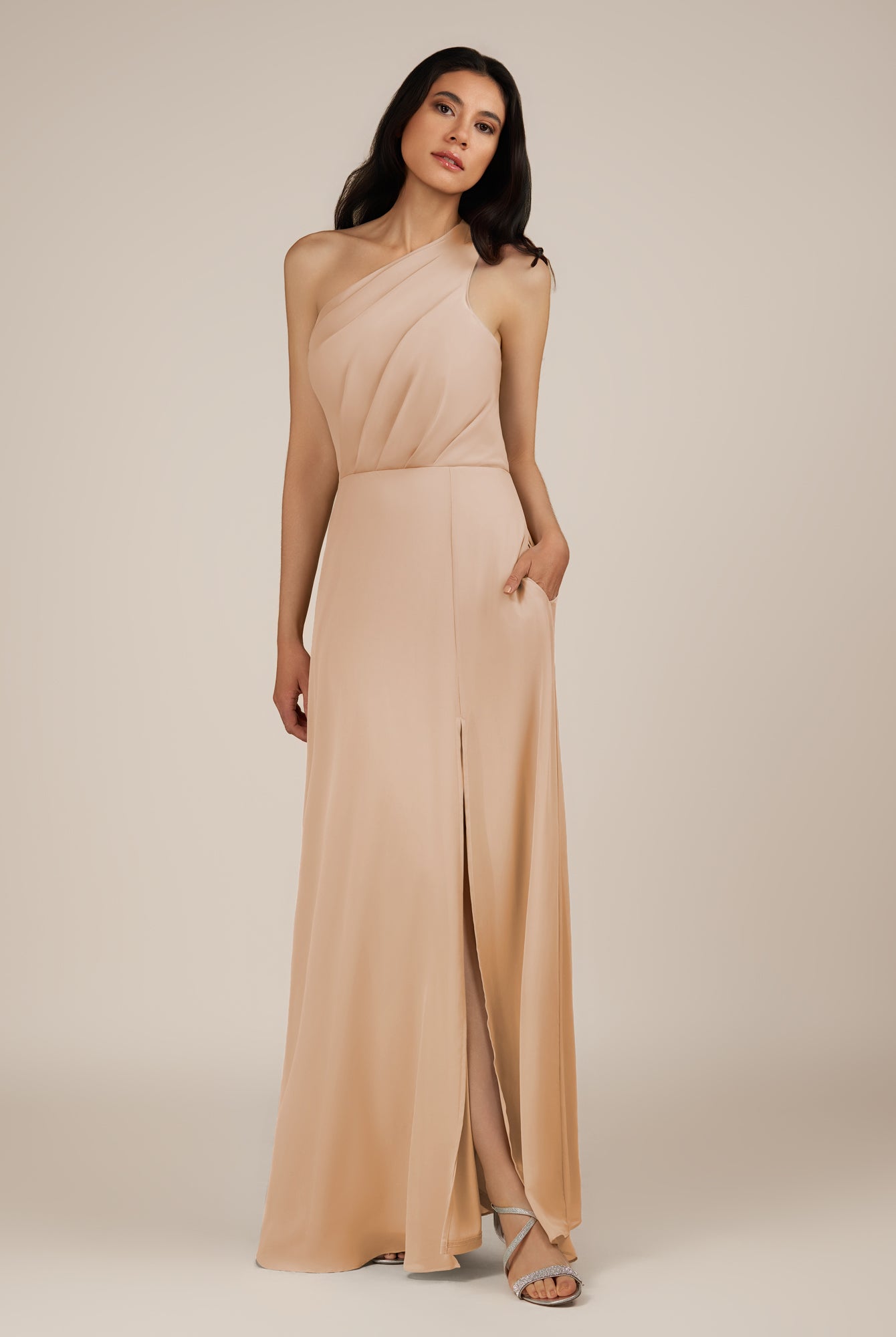 KissDress-Gaura Champagne Rose A Line Chiffon One Shoulder Pleated Long Bridesmaid Dress with Slit