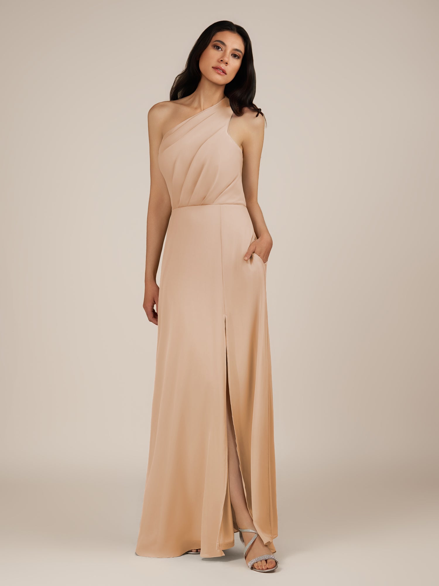 KissDress-Gaura Champagne Rose A Line Chiffon One Shoulder Pleated Long Bridesmaid Dress with Slit