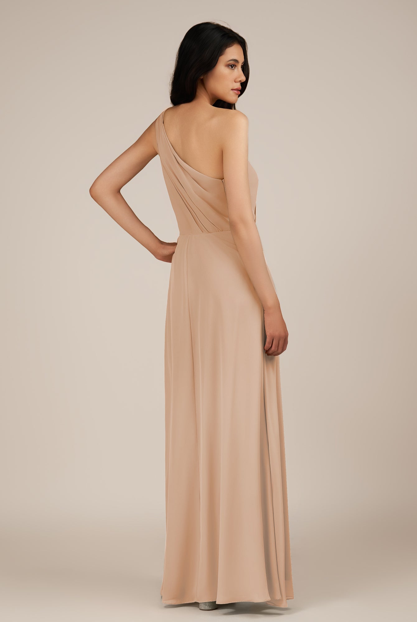 KissDress-Gaura Champagne Rose A Line Chiffon One Shoulder Pleated Long Bridesmaid Dress with Slit