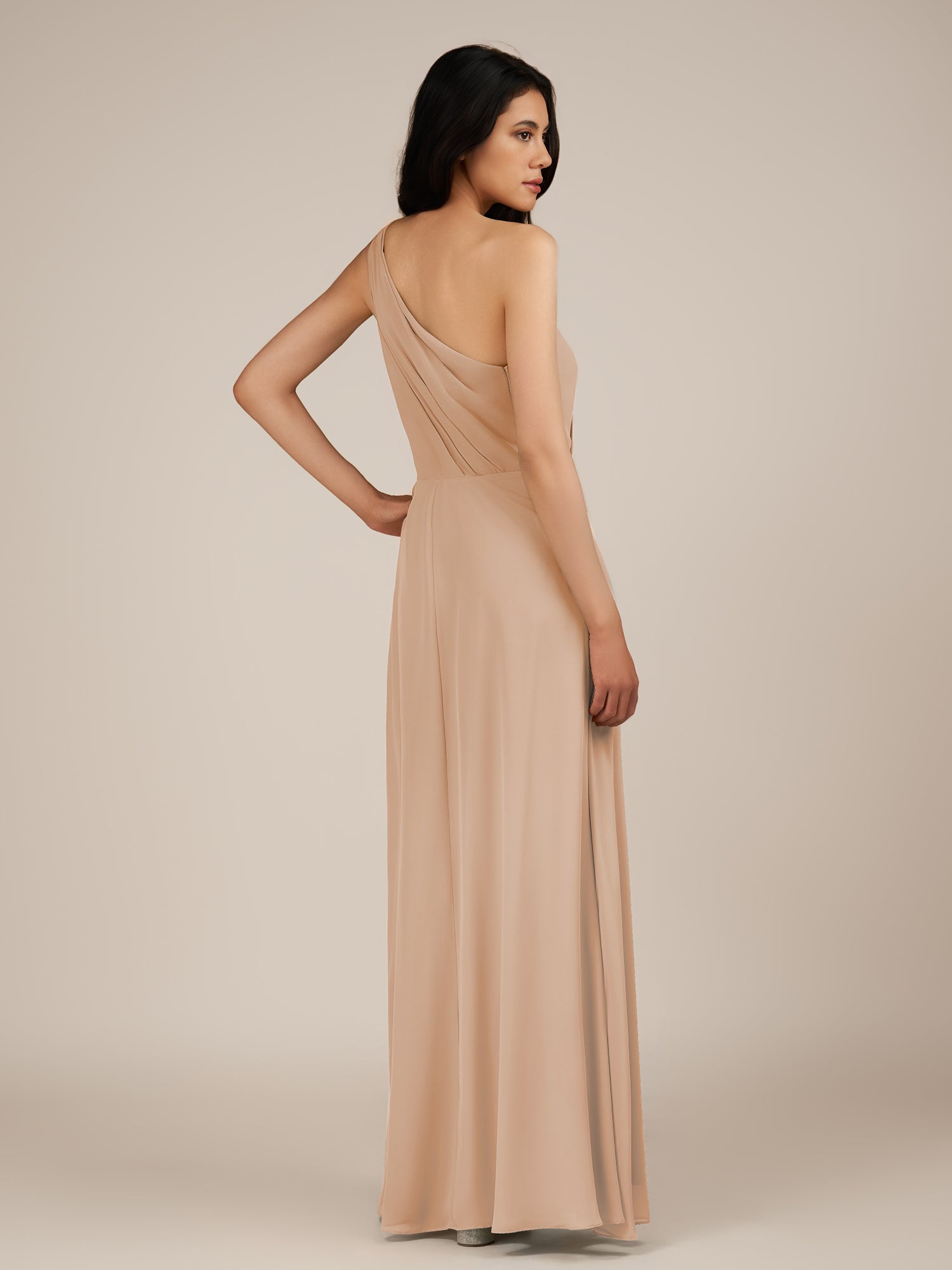 KissDress-Gaura Champagne Rose A Line Chiffon One Shoulder Pleated Long Bridesmaid Dress with Slit