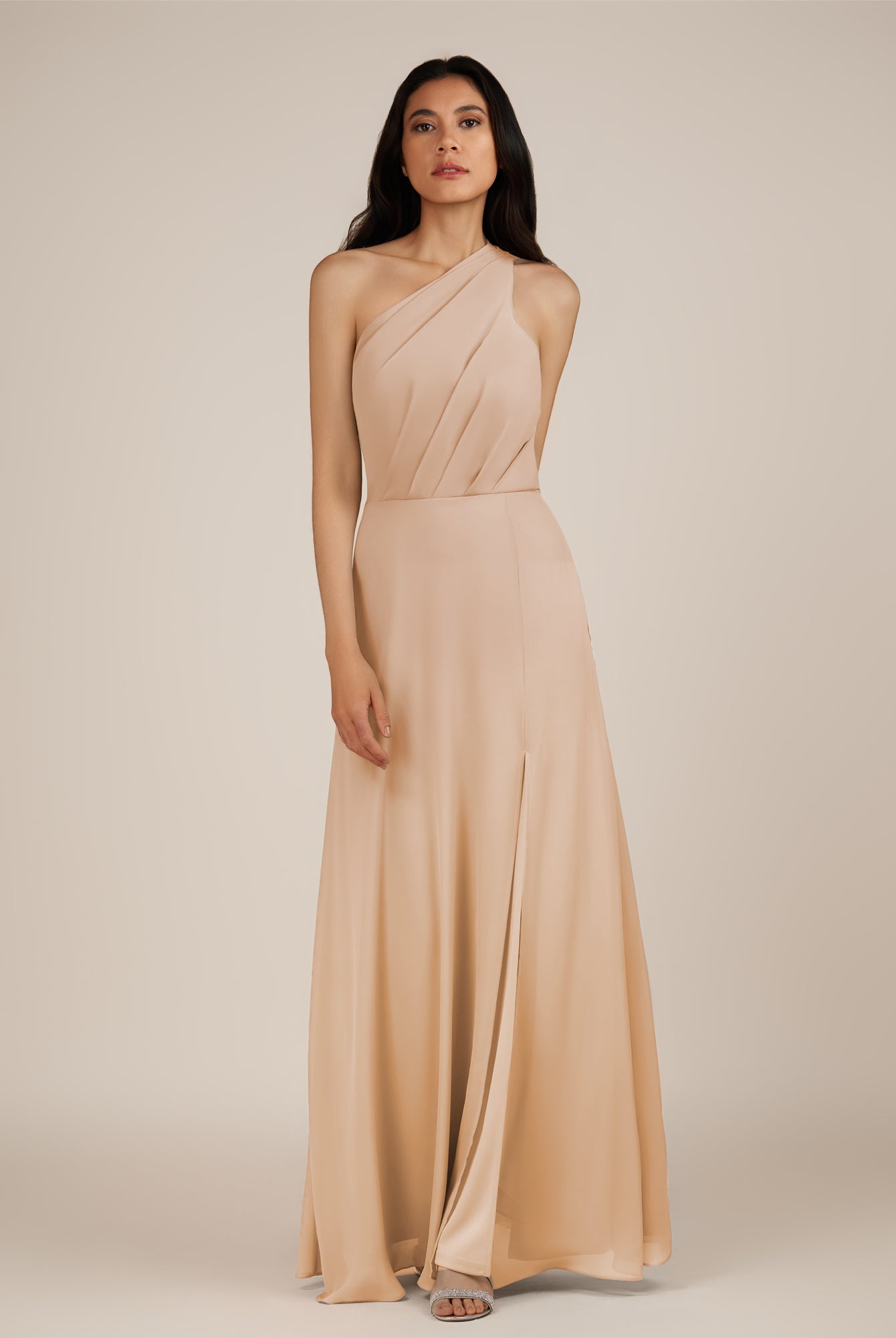 KissDress-Gaura Champagne Rose A Line Chiffon One Shoulder Pleated Long Bridesmaid Dress with Slit