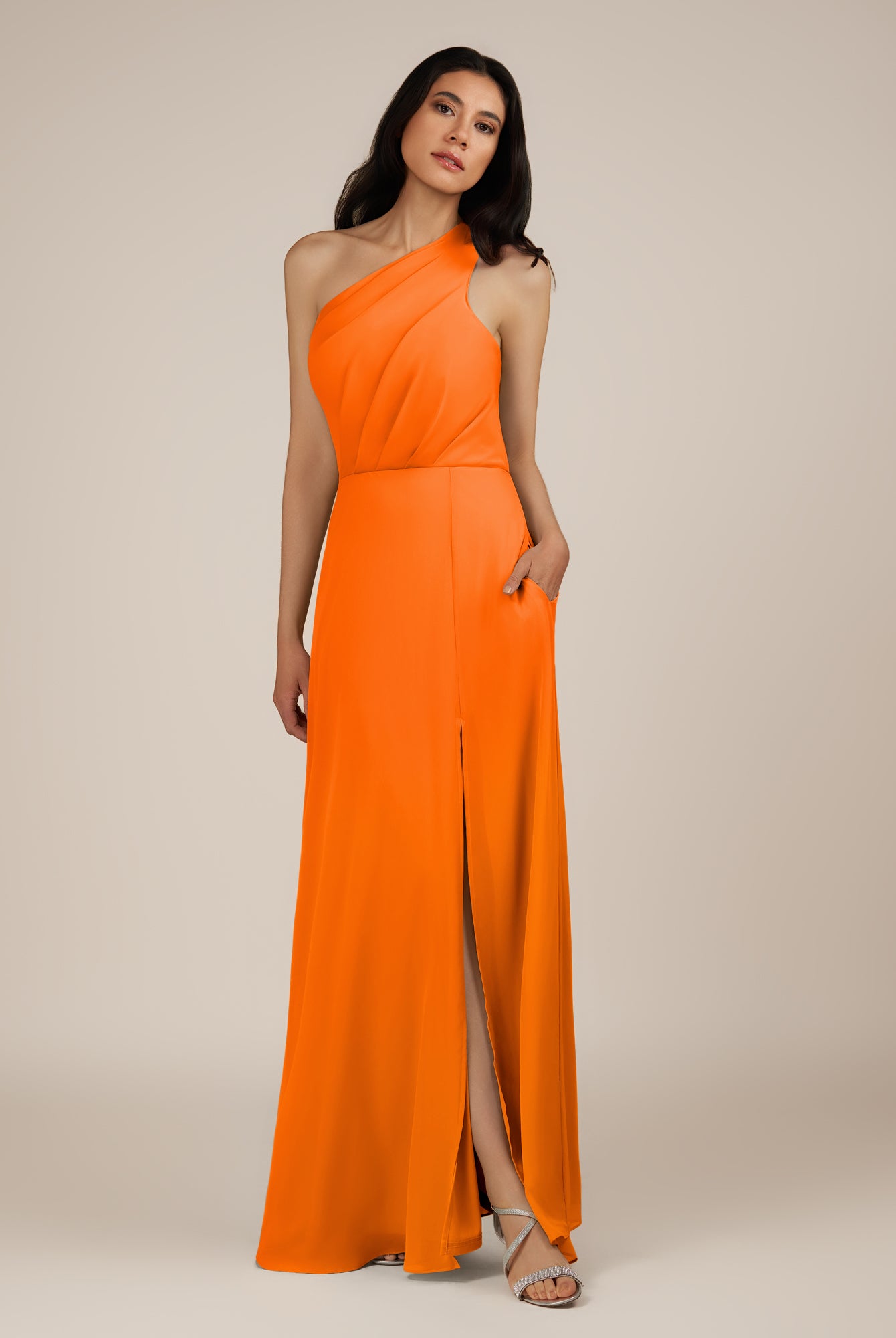 KissDress-Gaura Cinnamon A Line Chiffon One Shoulder Pleated Long Bridesmaid Dress with Slit