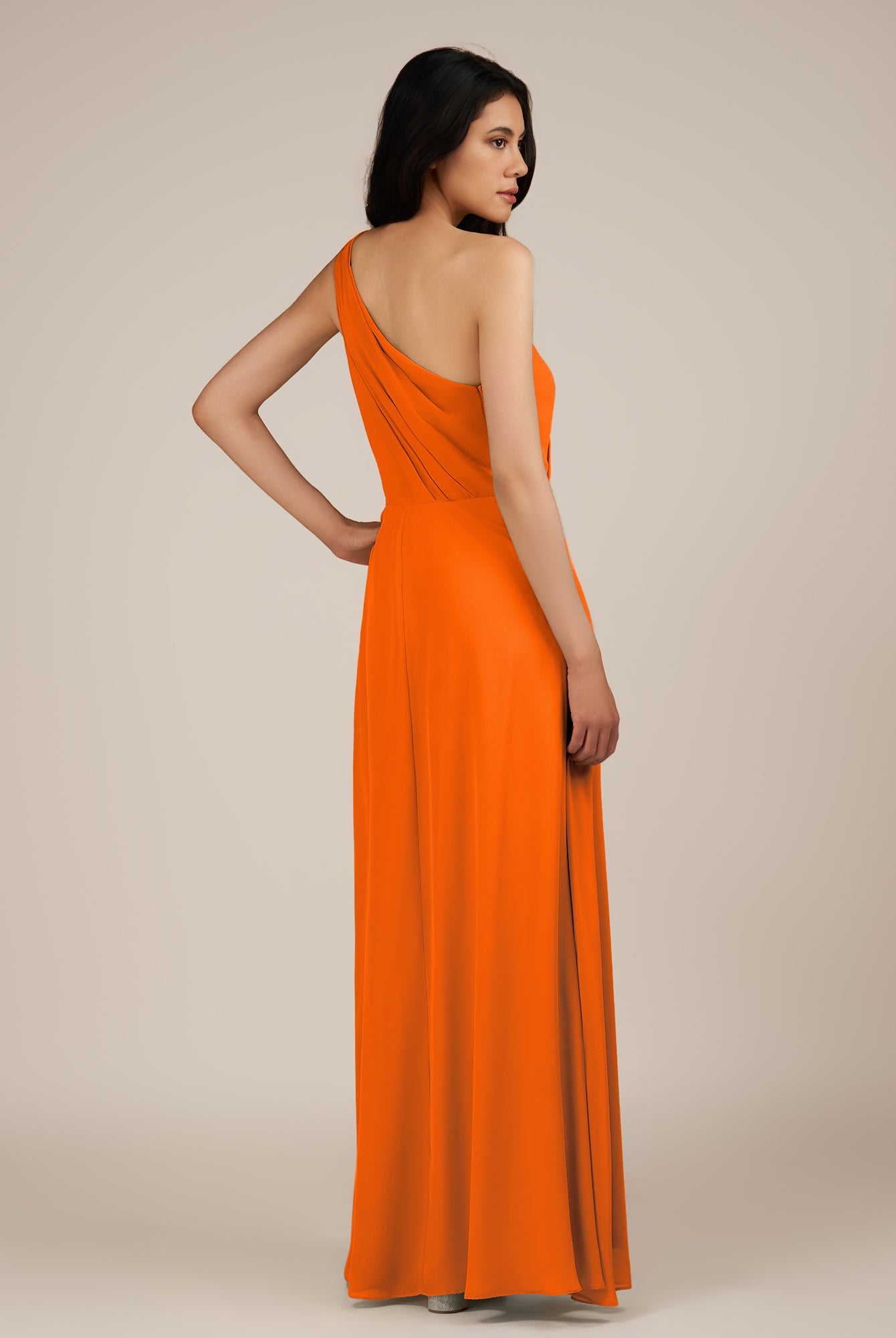 KissDress-Gaura Cinnamon A Line Chiffon One Shoulder Pleated Long Bridesmaid Dress with Slit