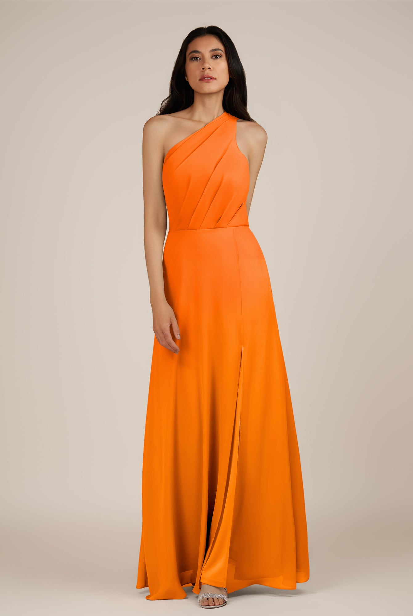 KissDress-Gaura Cinnamon A Line Chiffon One Shoulder Pleated Long Bridesmaid Dress with Slit