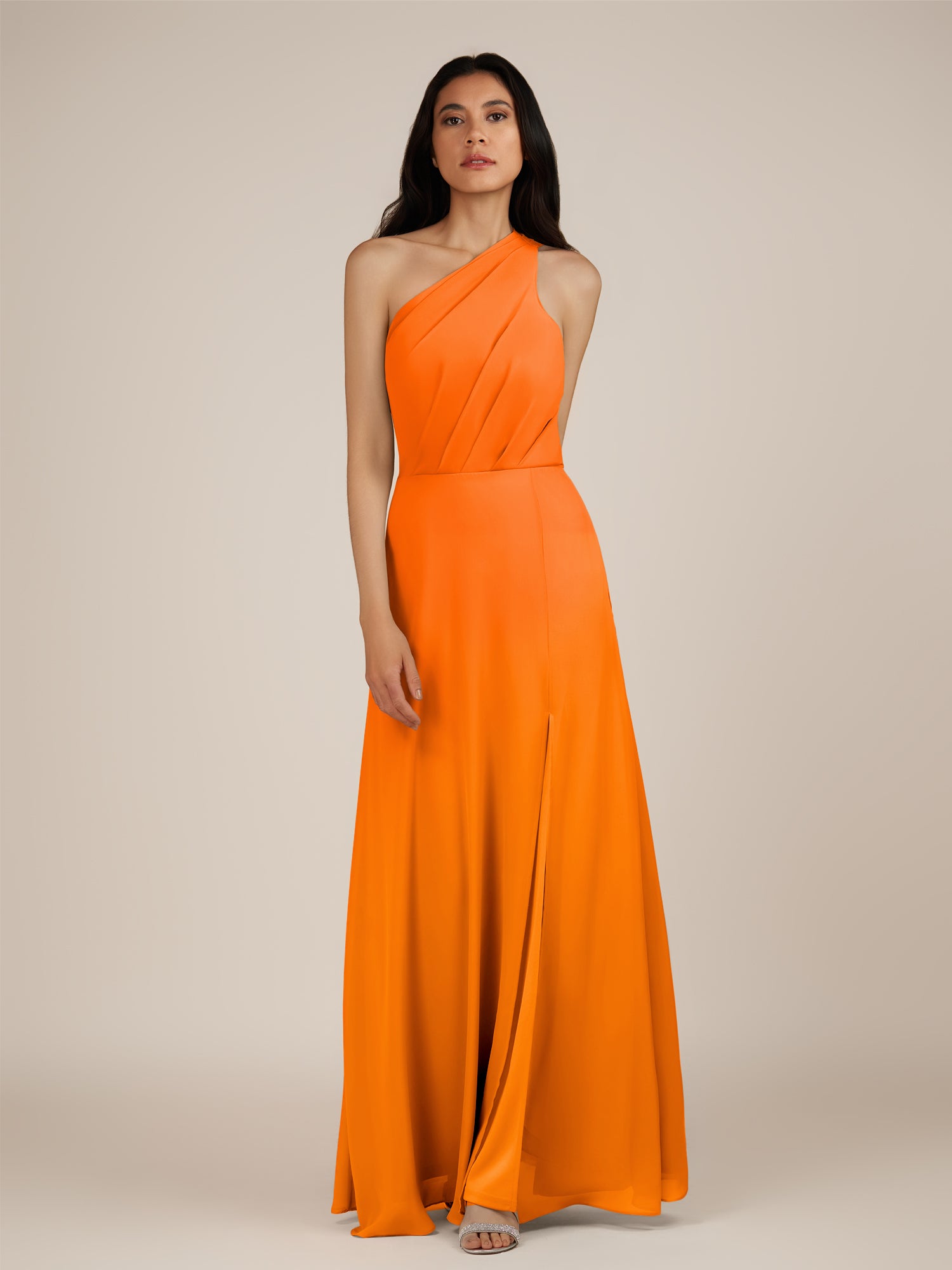 KissDress-Gaura Cinnamon A Line Chiffon One Shoulder Pleated Long Bridesmaid Dress with Slit