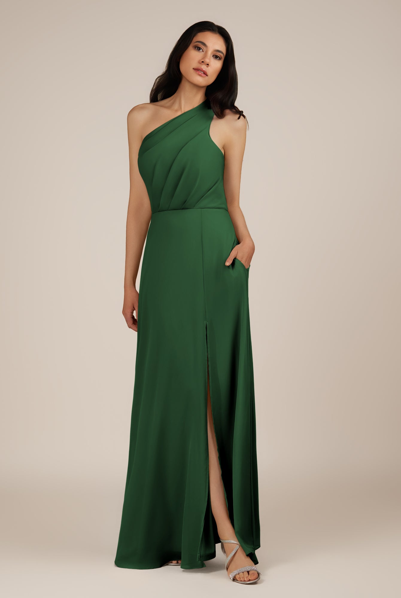 KissDress-Gaura Dark Green A Line Chiffon One Shoulder Pleated Long Bridesmaid Dress with Slit