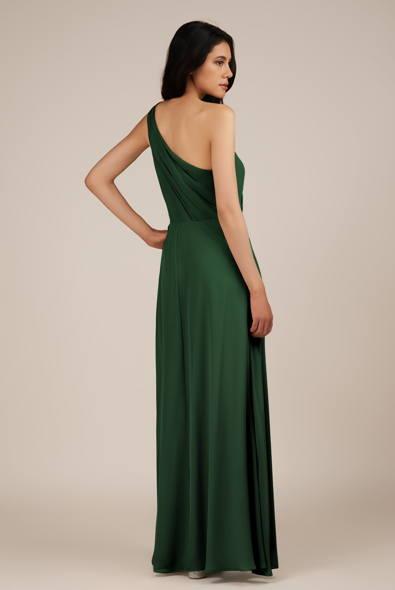 KissDress-Gaura Dark Green A Line Chiffon One Shoulder Pleated Long Bridesmaid Dress with Slit