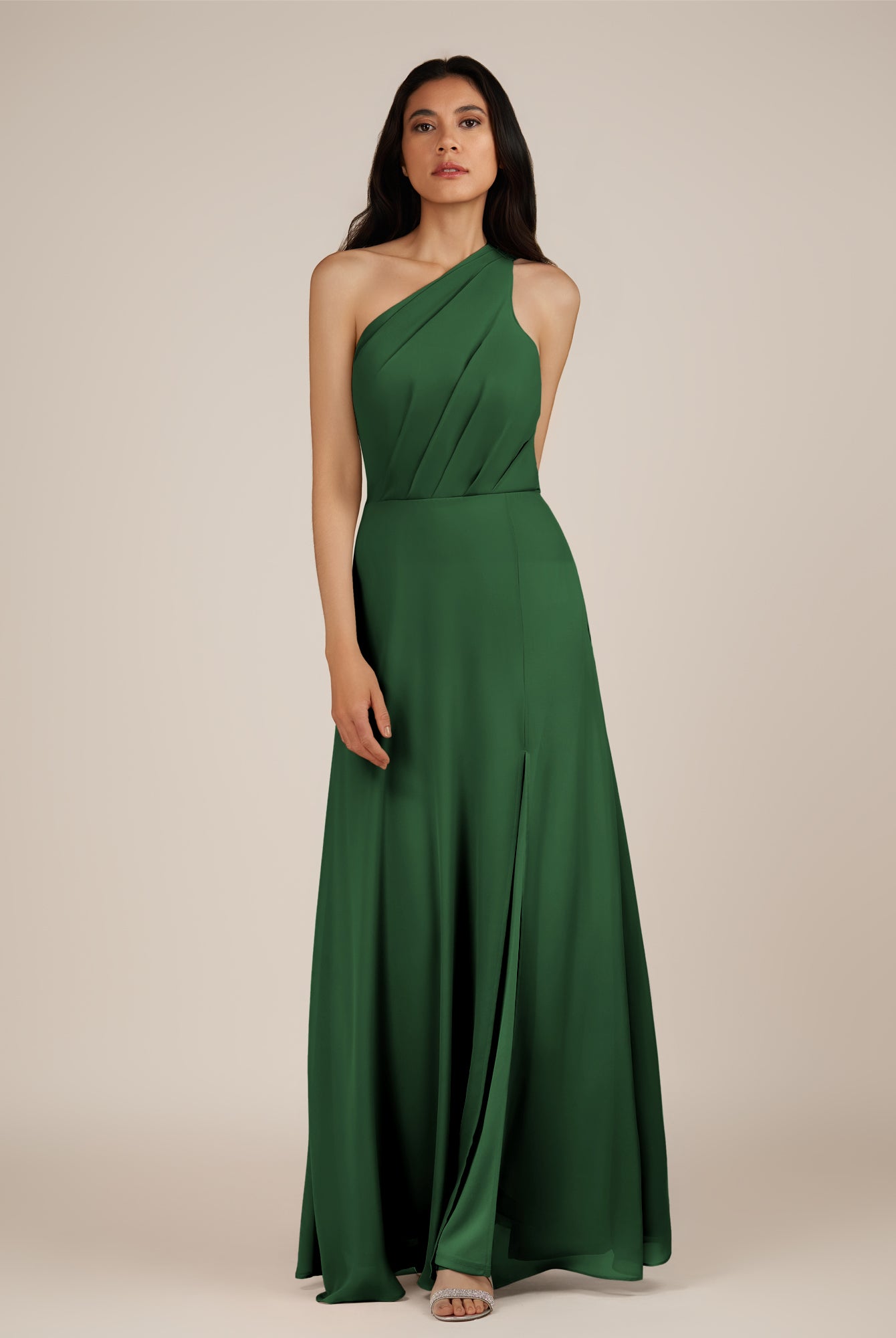 KissDress-Gaura Dark Green A Line Chiffon One Shoulder Pleated Long Bridesmaid Dress with Slit